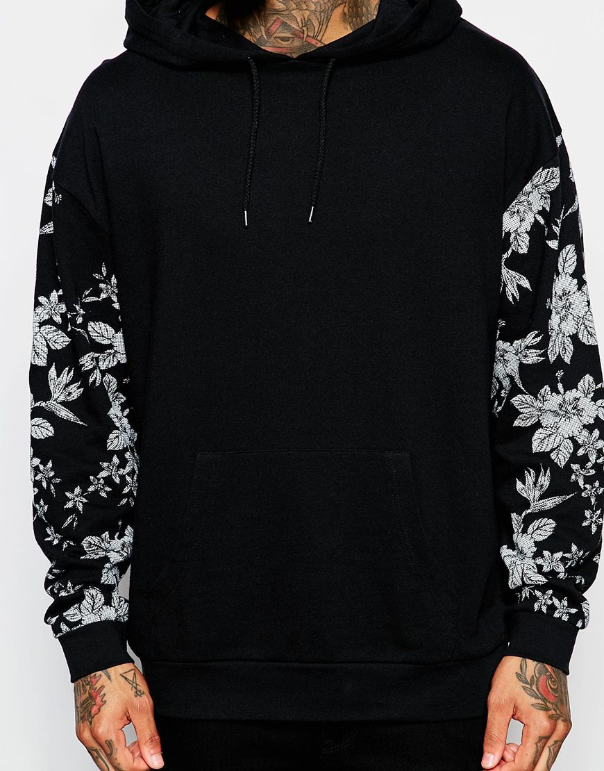 ASOS Oversized Hoodie With Floral Sleeve Print in Black for Men | Lyst