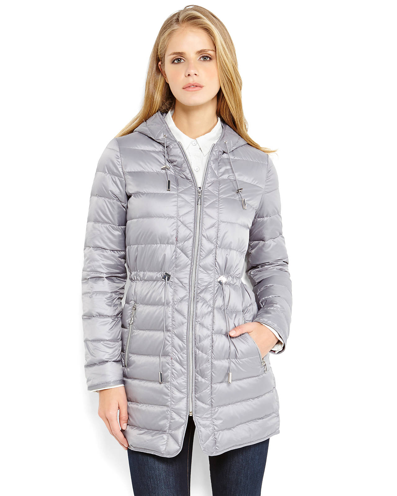 grey hooded down jacket