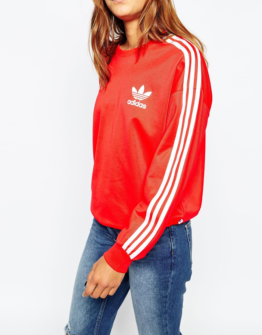 adidas Originals 3 Stripe Crew Neck Sweatshirt in Red - Lyst