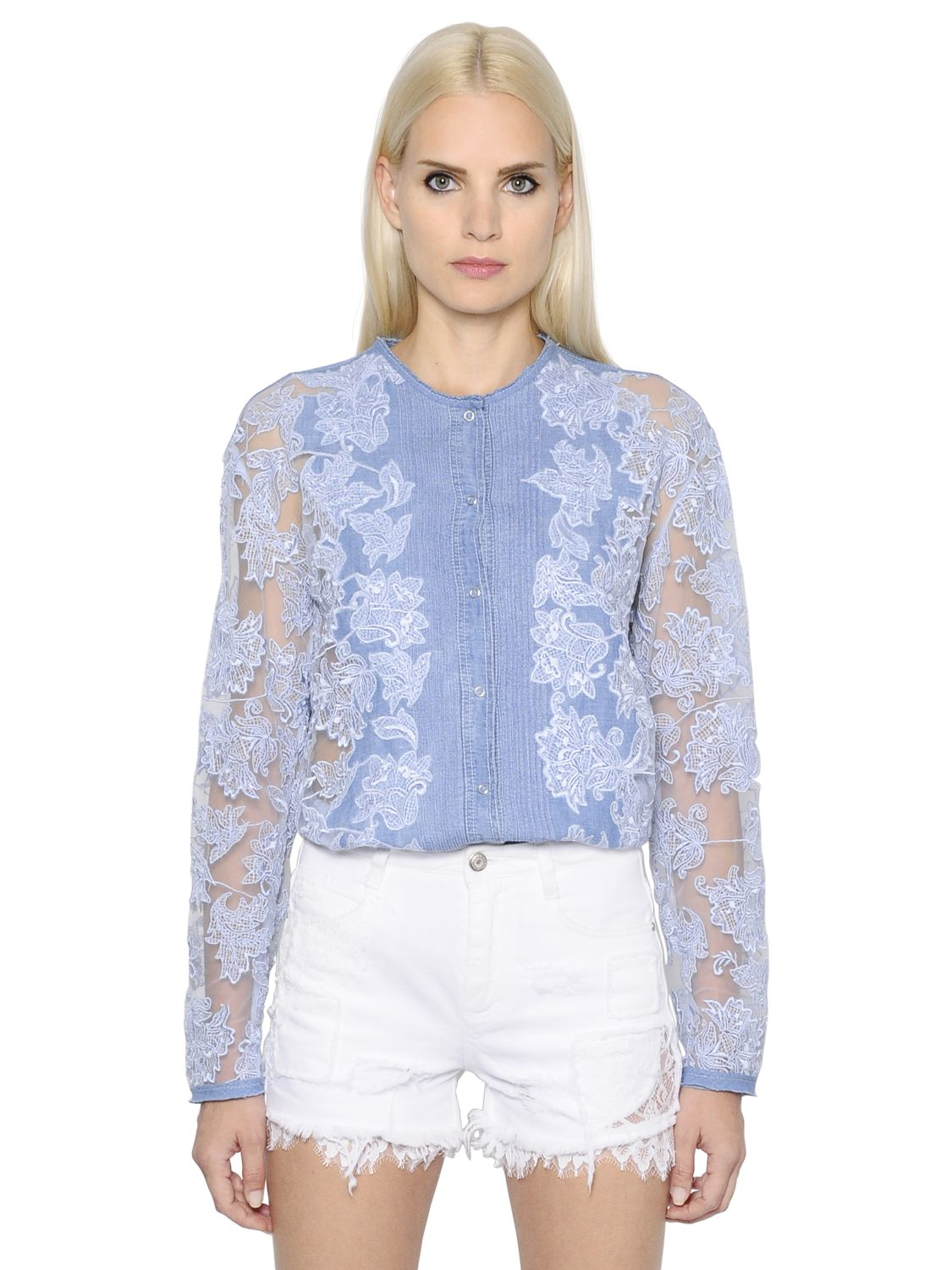 ermanno scervino cotton blend denim lace shirt in blue blue white lyst ermanno scervino cotton blend denim lace shirt in blue blue white lyst