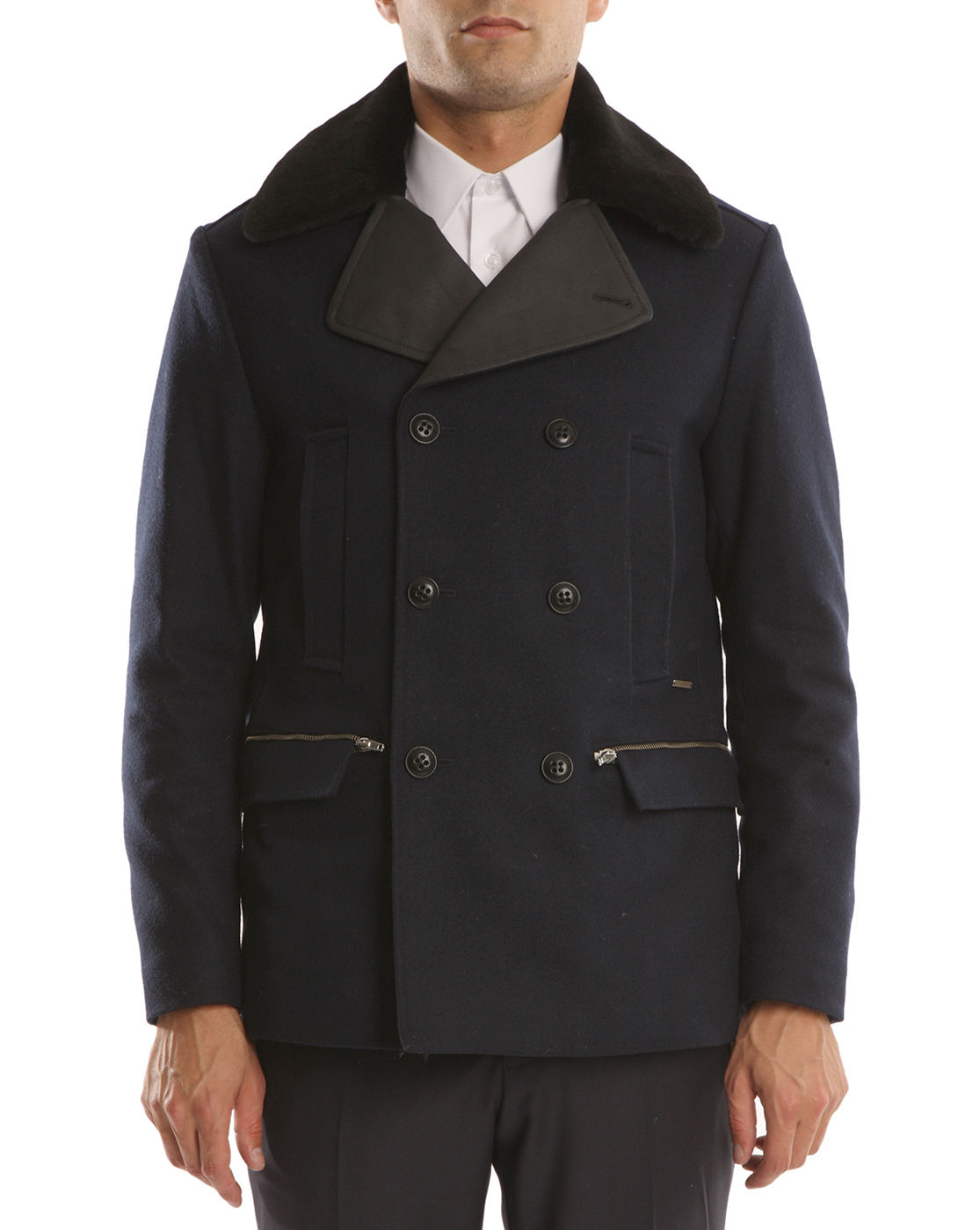 Billtornade Armand Navy Reefer Jacket with Leather and Fur Patches in ...