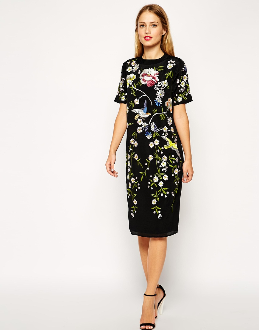 ASOS Bird And Floral Embroidered Shift Dress in Black - Lyst