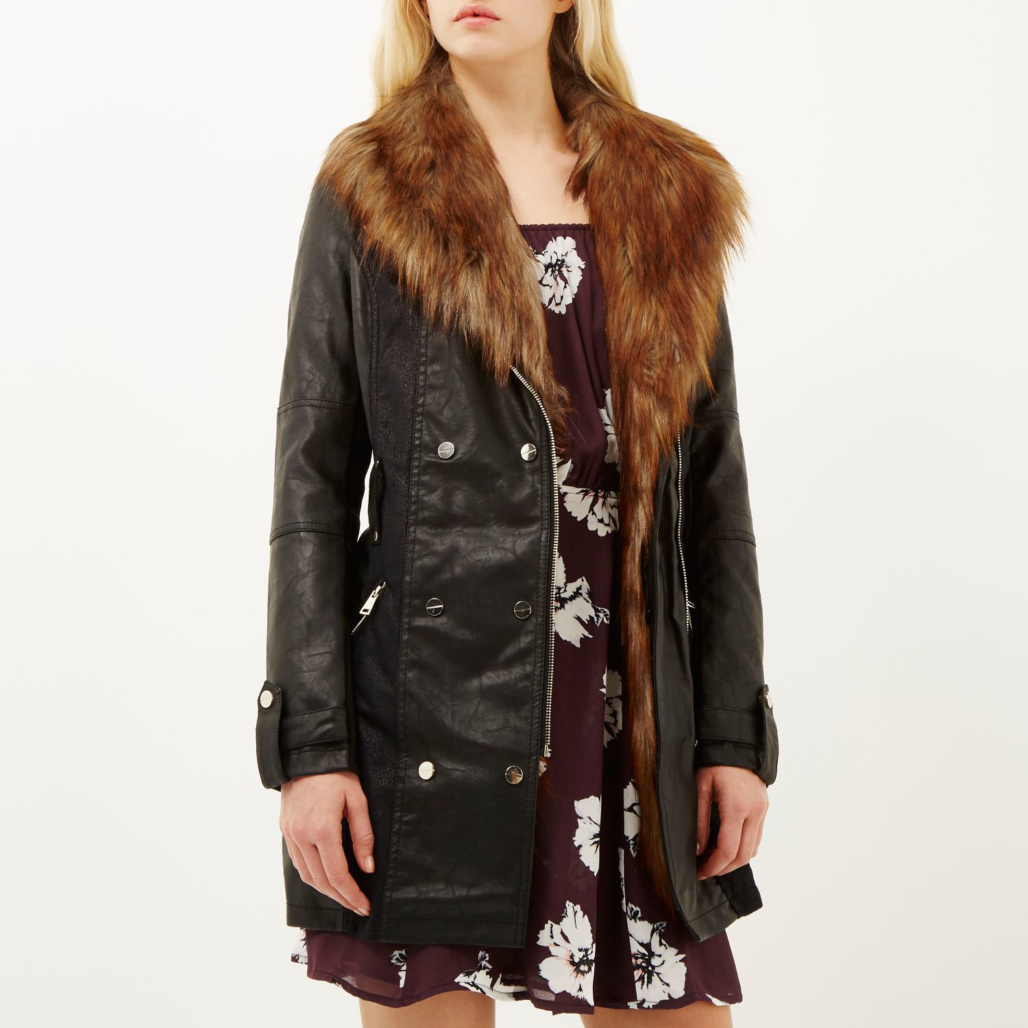 Black Leather Look Faux Fur Trench Coat