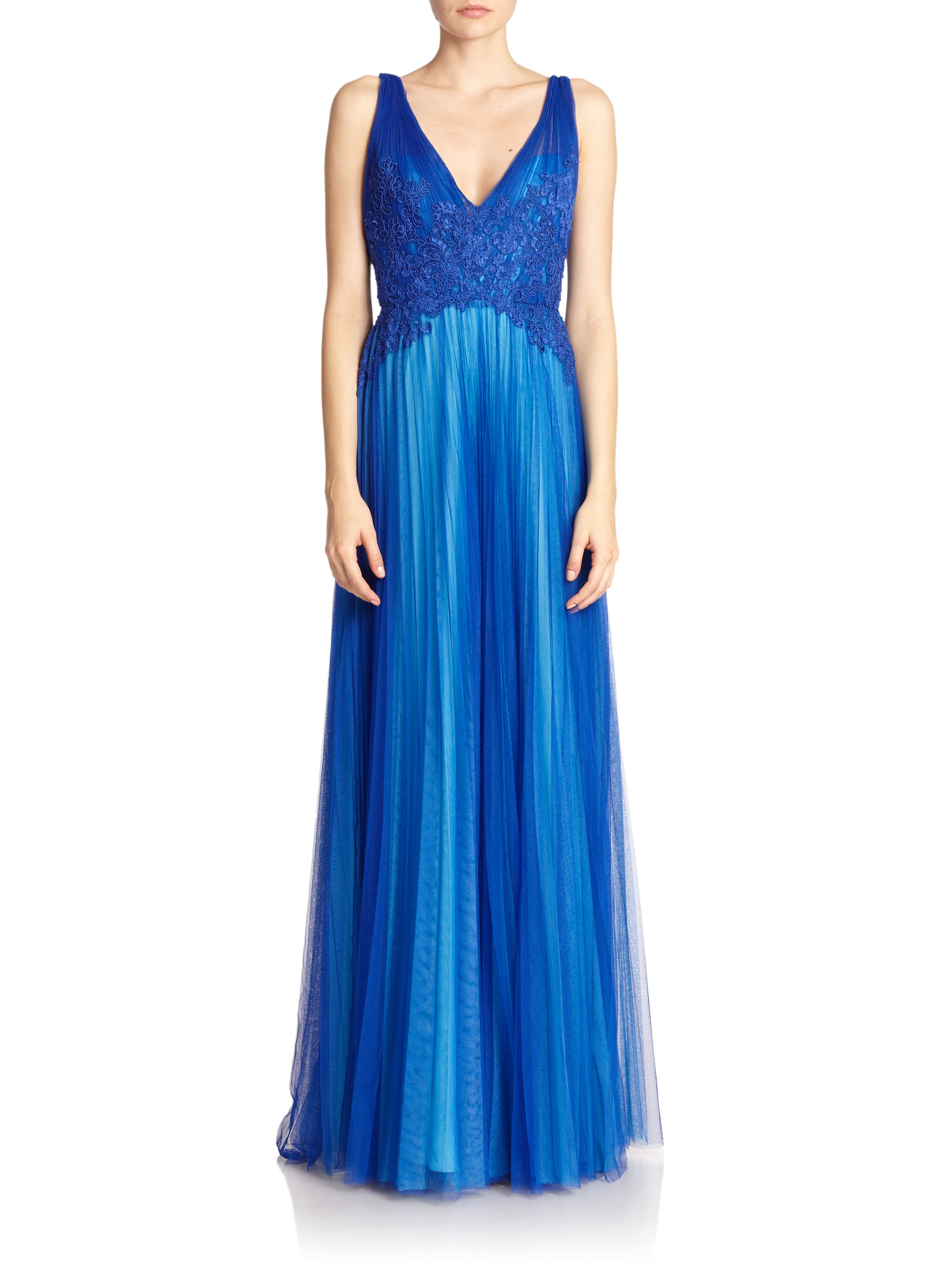 Lyst - Ml Monique Lhuillier V-neck Tulle Gown in Blue