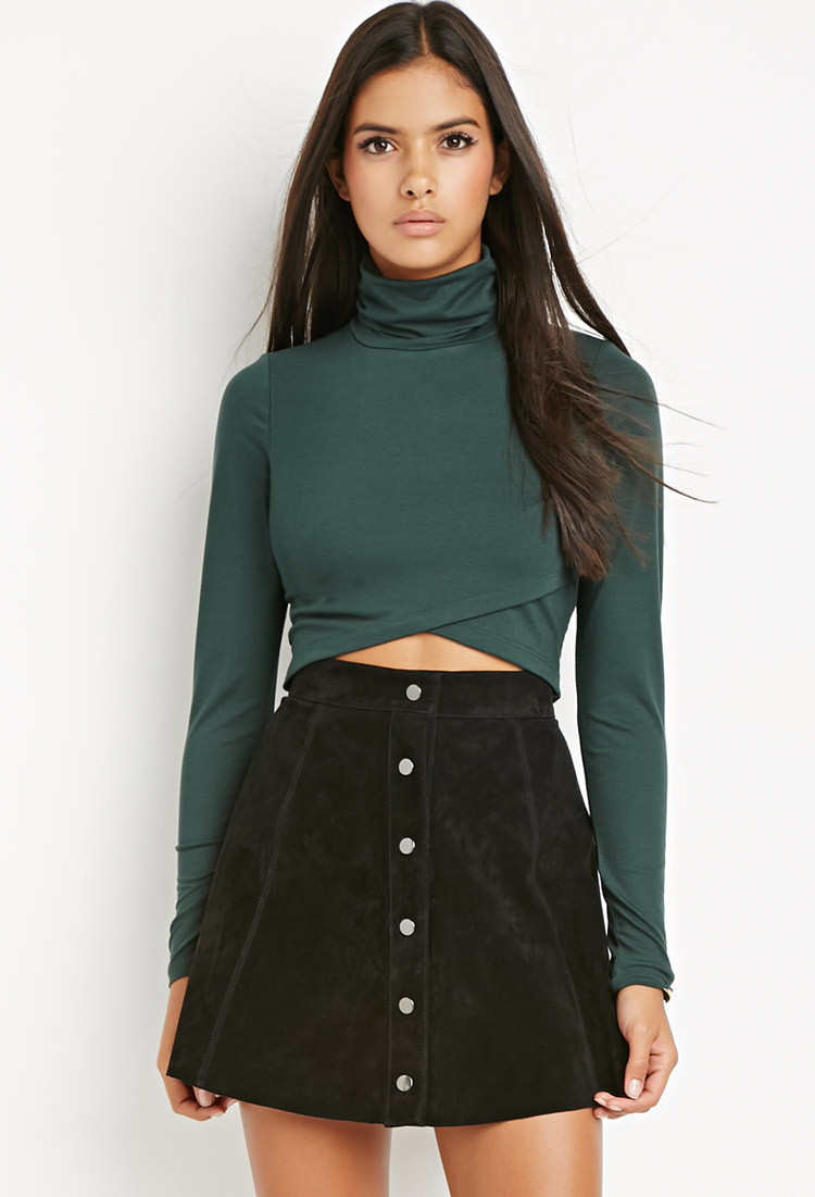 Love 21 Wrap Turtleneck Crop Top in Green (Hunter green) | Lyst