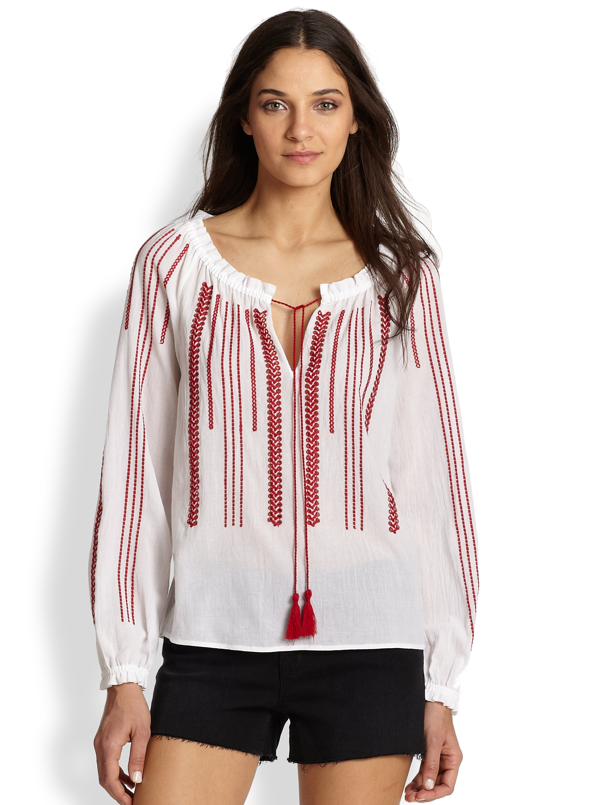 Bcbgmaxazria Araya Embroidered Cotton Gauze Blouse in Red | Lyst