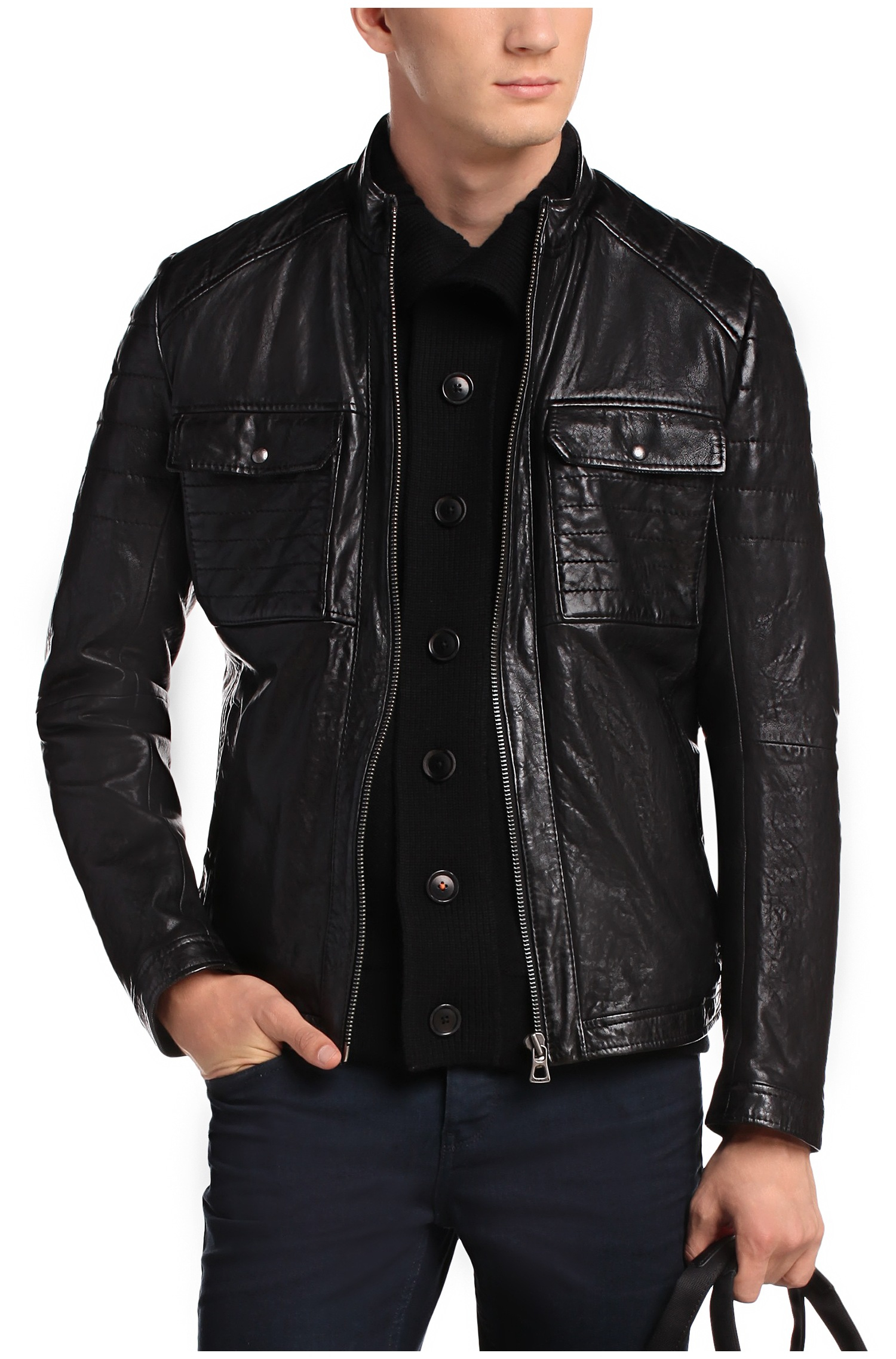 Boss Orange Jiron Leather Biker Jacket In Black For Men Lyst Gallery