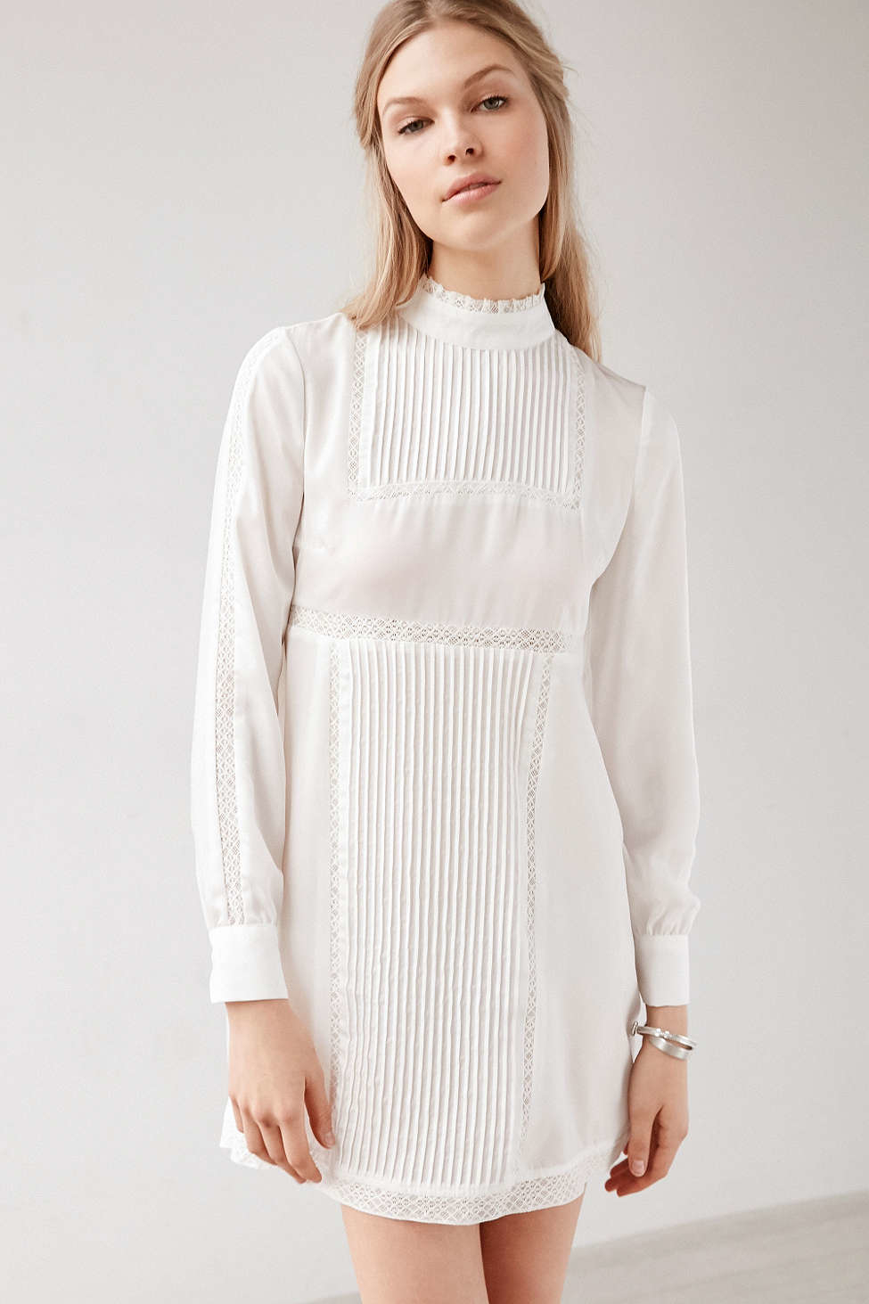 white mock neck dress