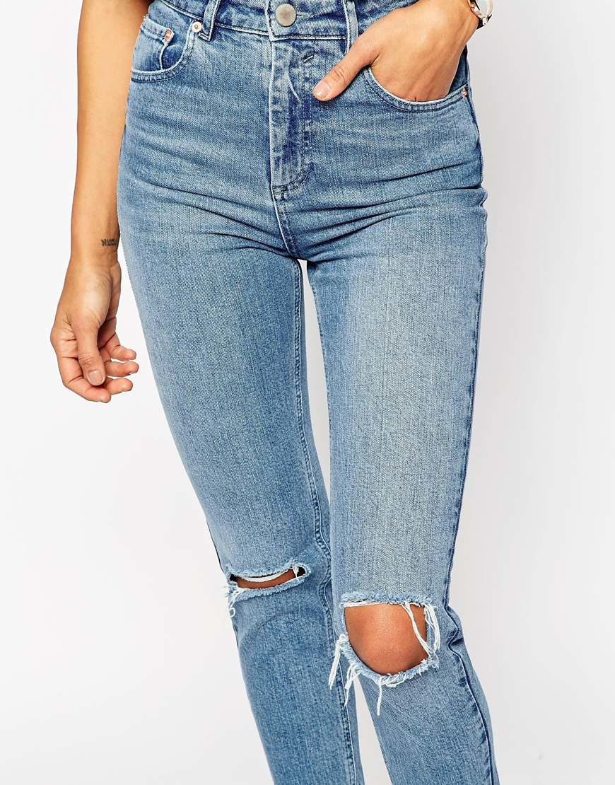 stradivarius slim mom jean with stretch in washed blue