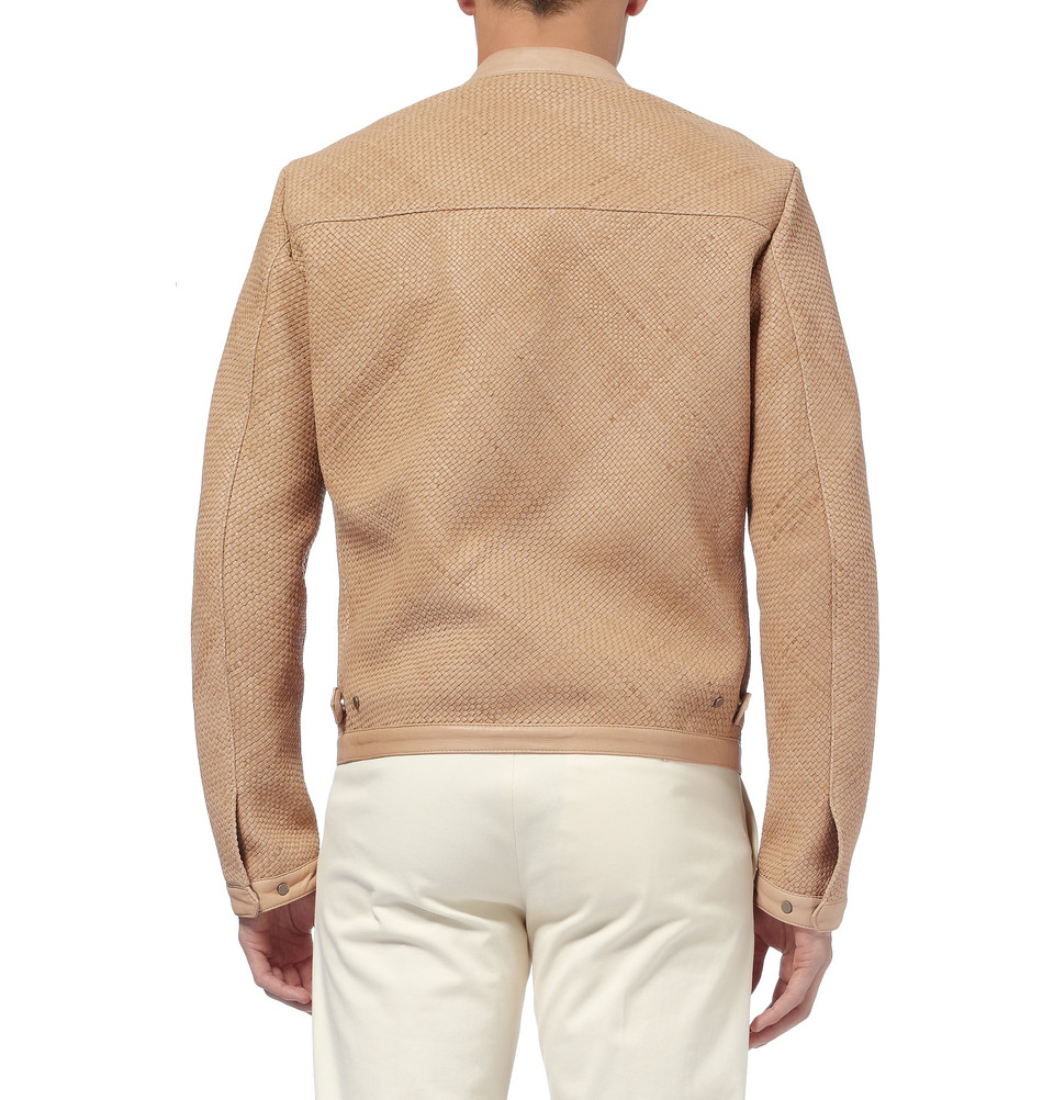 Etro WovenLeather SilkLined Bomber Jacket in Natural for Men Lyst