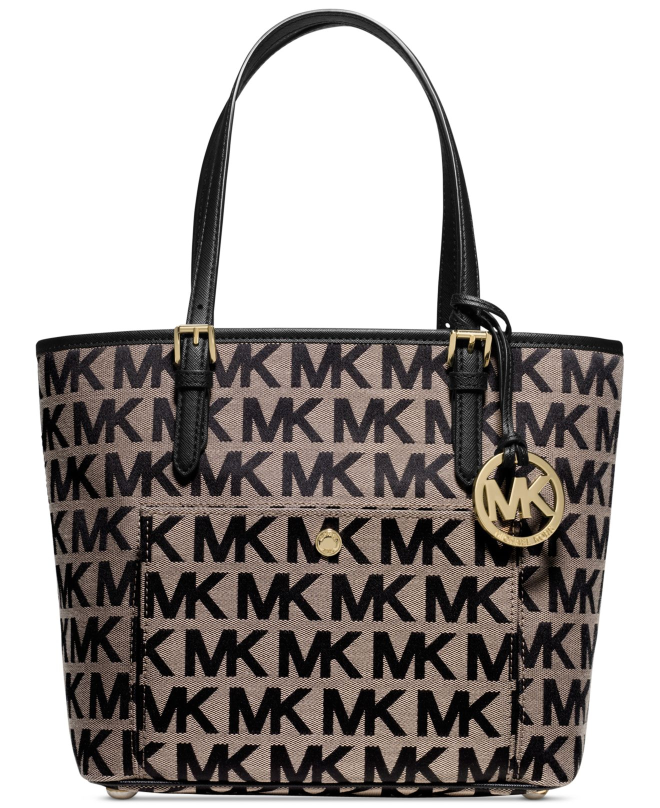 Michael Kors White Beige Coated Canvas and Leather Medium Jet Set Tote