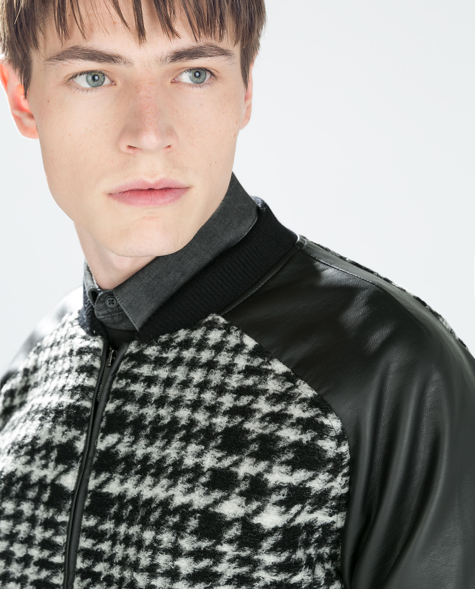 Zara Houndstooth Bomber Jacket With Faux Leather Sleeves in Black for