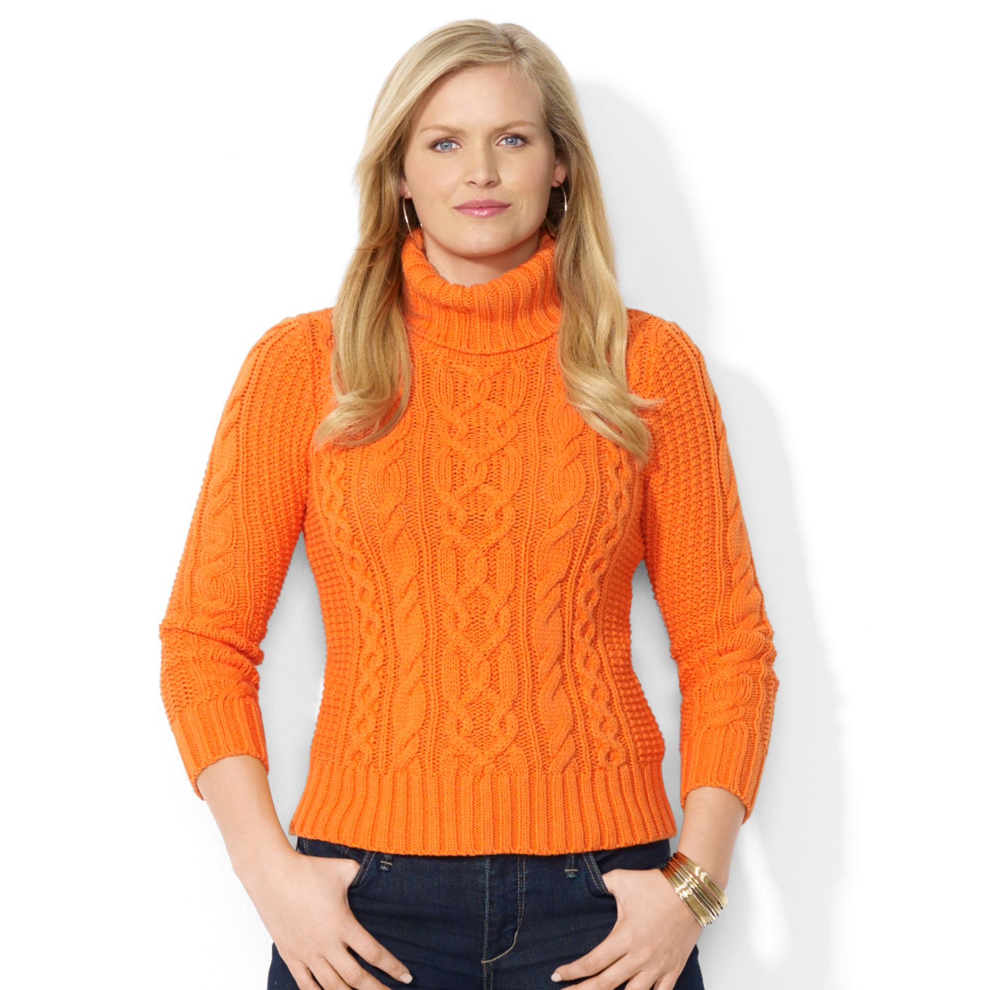 Lauren by Ralph Lauren Plus Size Cableknit Turtleneck Sweater in Orange |  Lyst