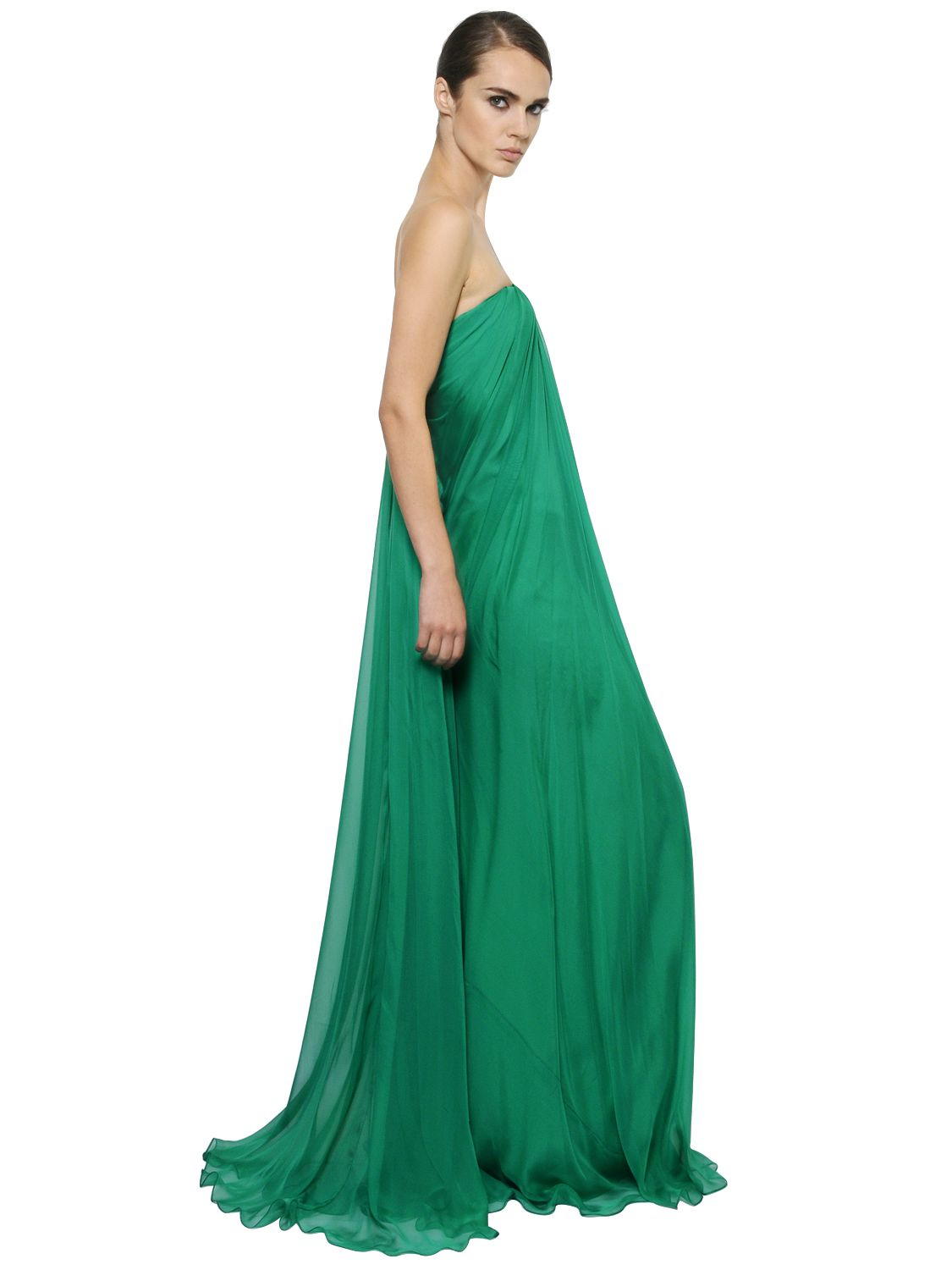 Alexander McQueen Draped Strapless Silk Chiffon Long Dress in Green - Lyst