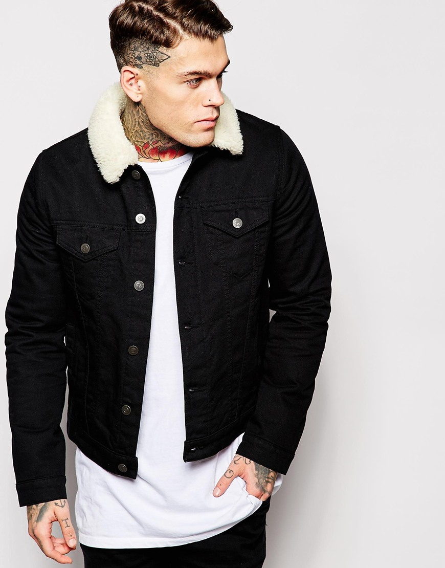 Asos Denim Jacket With Borg Collar In Black For Men Lyst Gallery
