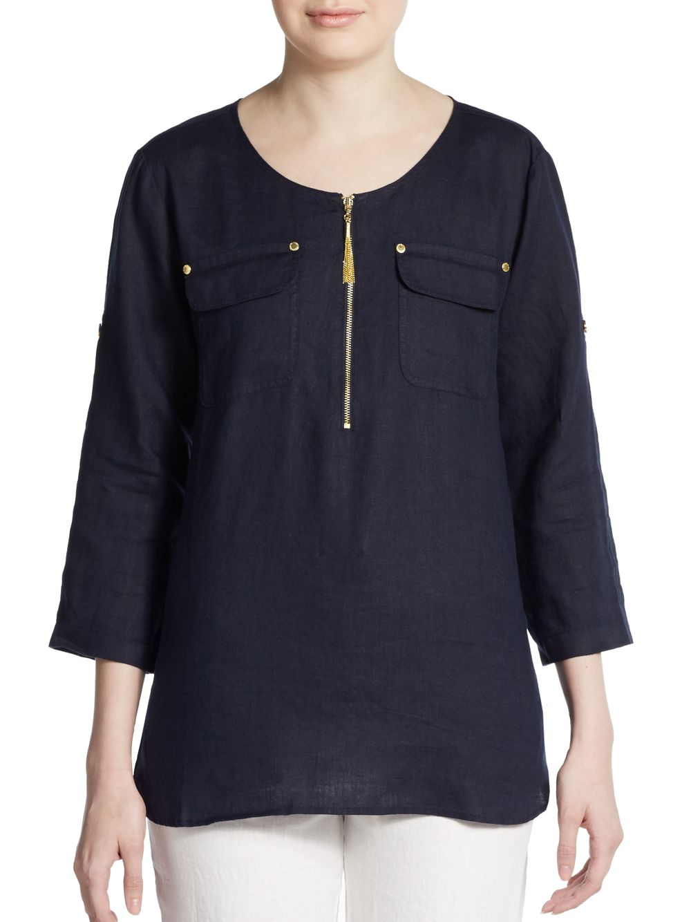 Ellen Tracy Roll-sleeve Linen Shirt in 