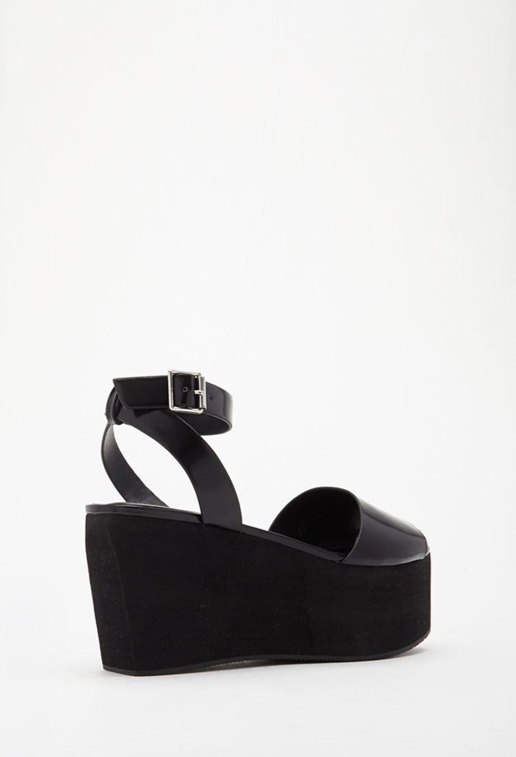 black faux leather platform sandals