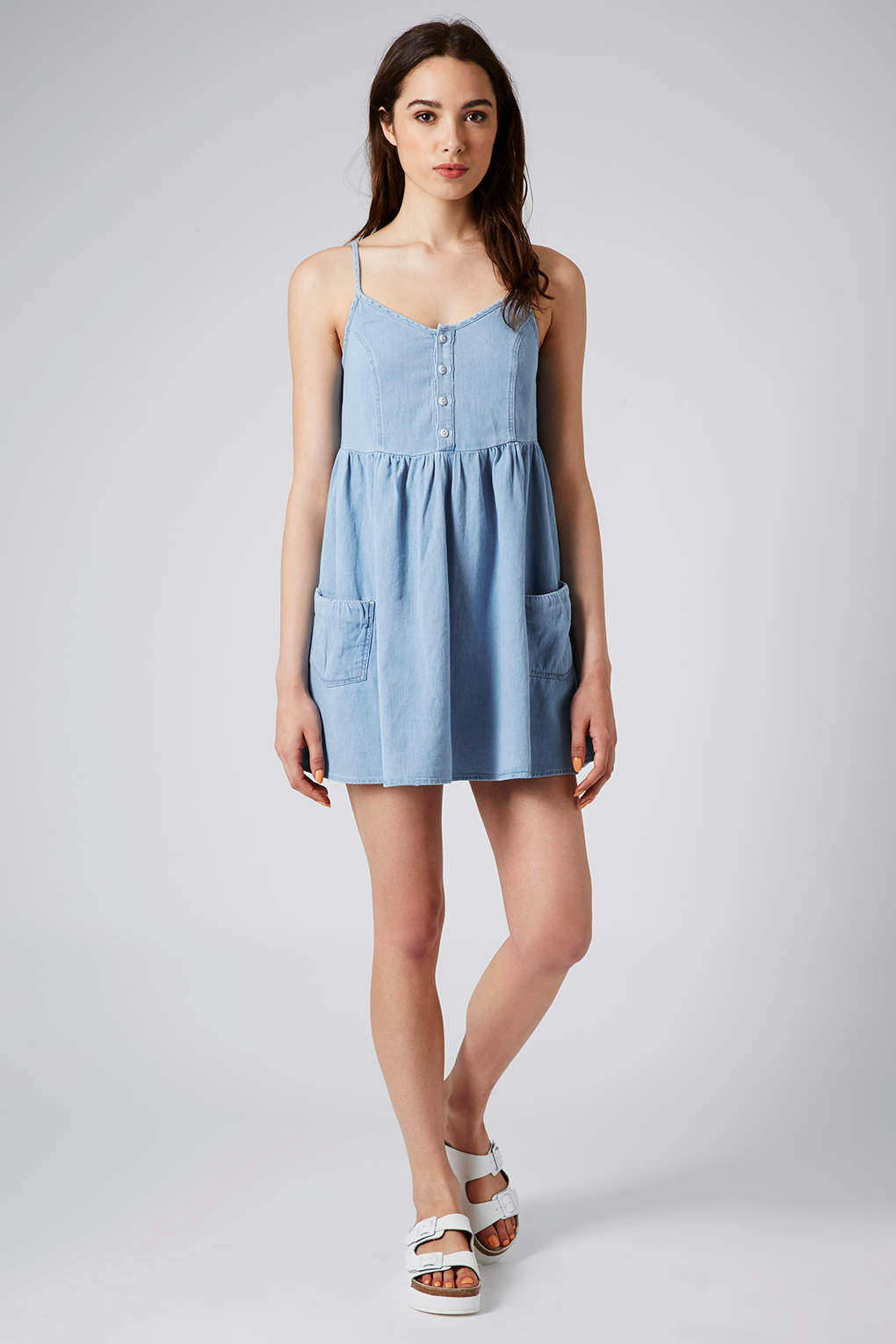 Petite Moto Denim Babydoll Dress in Bleach Stone