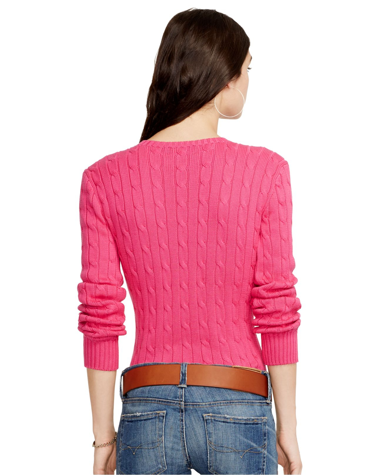 Polo Ralph Lauren Crew-Neck Cable-Knit Sweater in Pink - Lyst