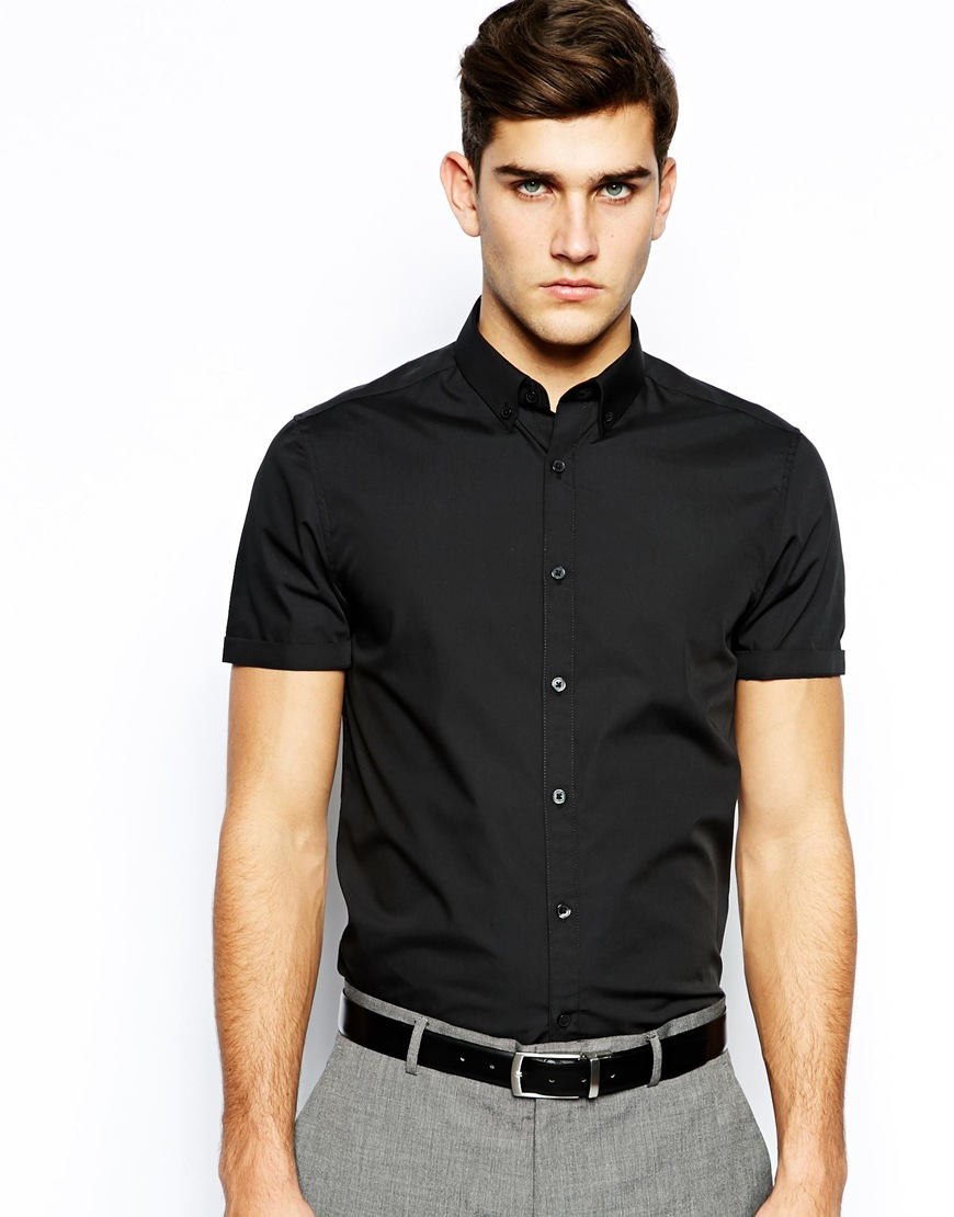 ASOS Smart Shirt in Short Sleeve with Button Down Collar in Black for ...