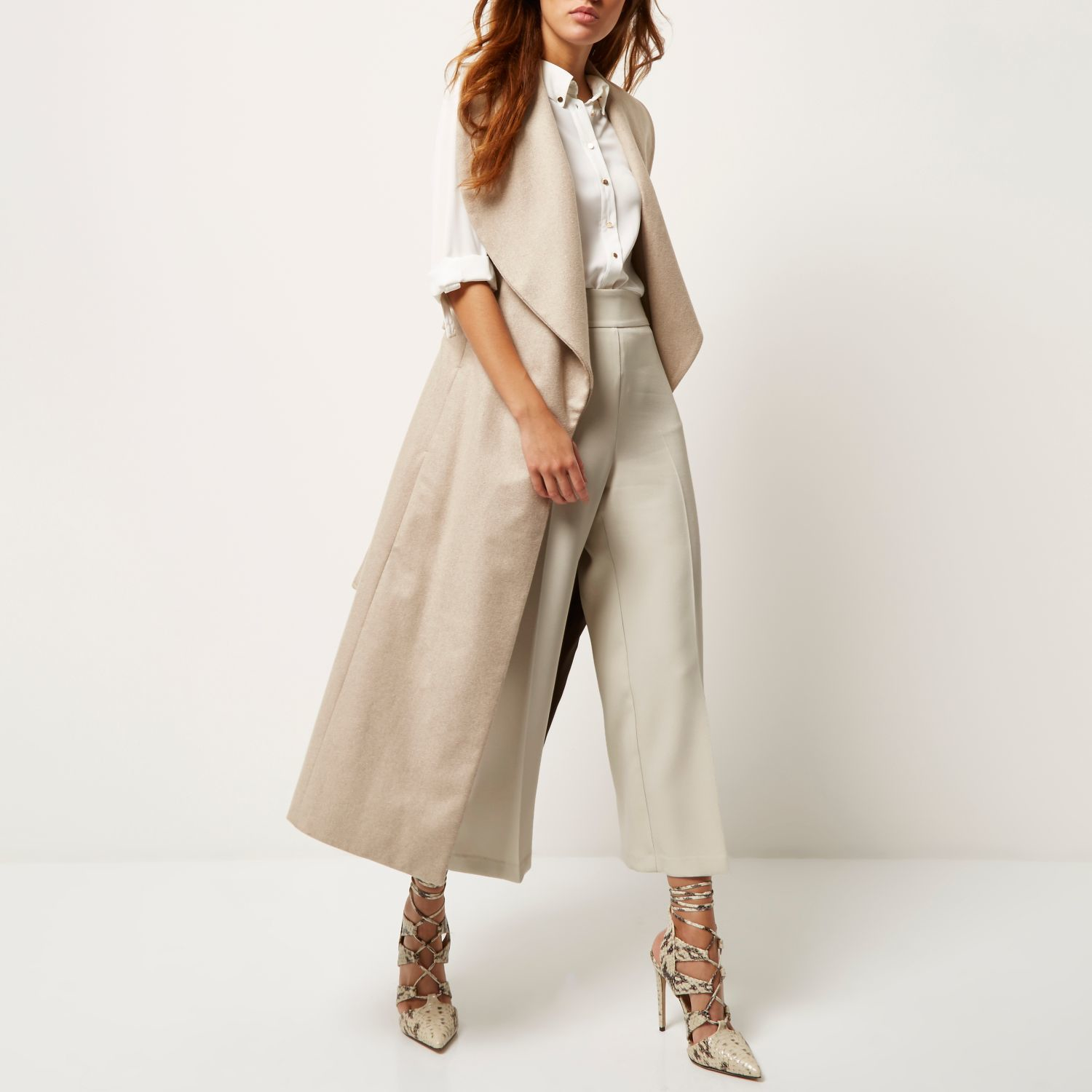 Cream wide leg cropped trousers Clearance