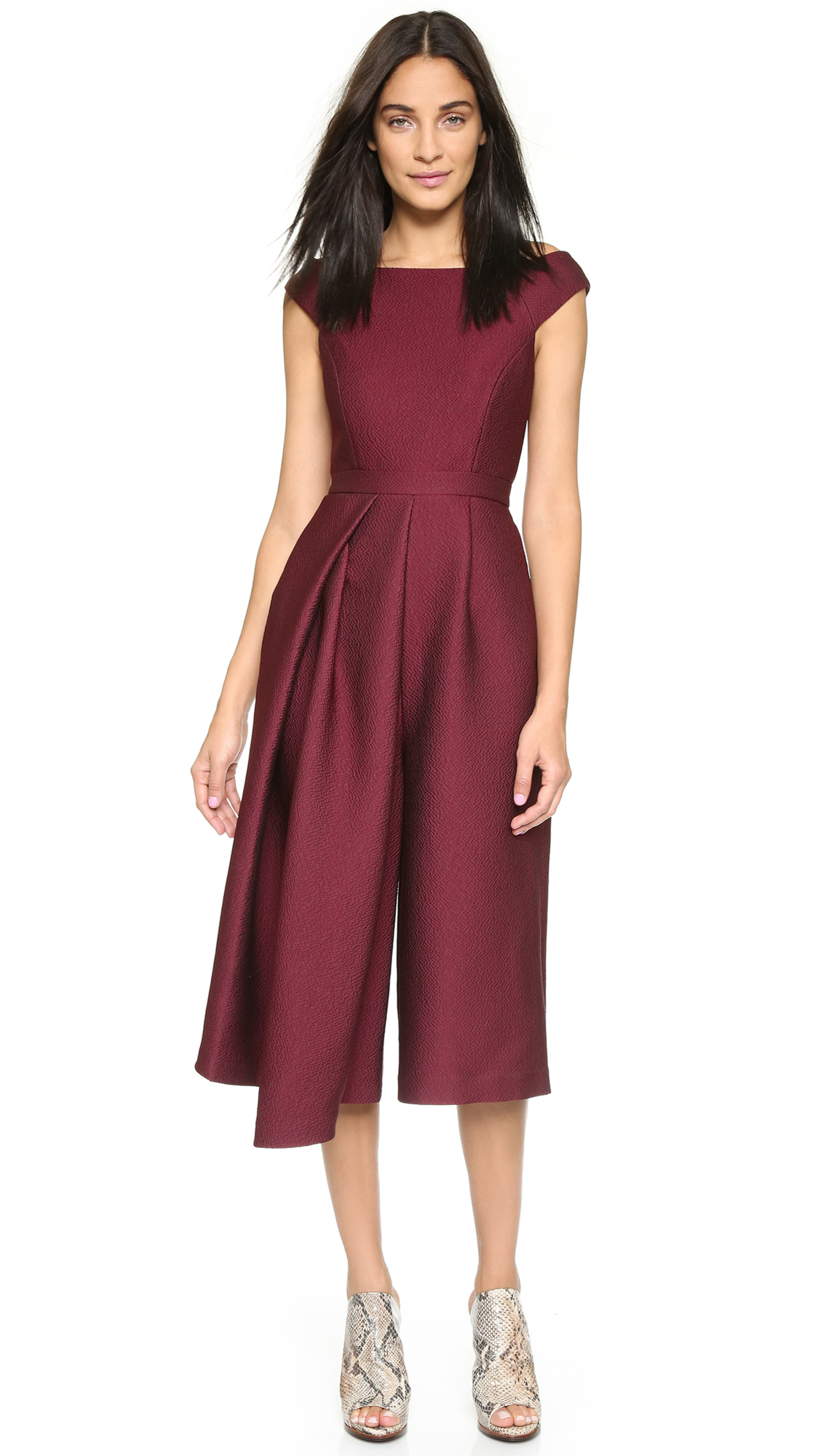 purple off the shoulder jumpsuit