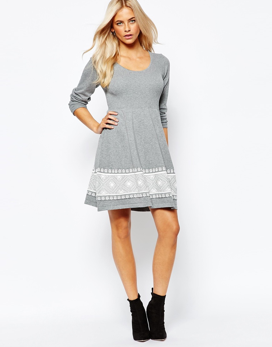 Oasis Fairisle Print Knitted Skater Dress in Grey (Gray) - Lyst