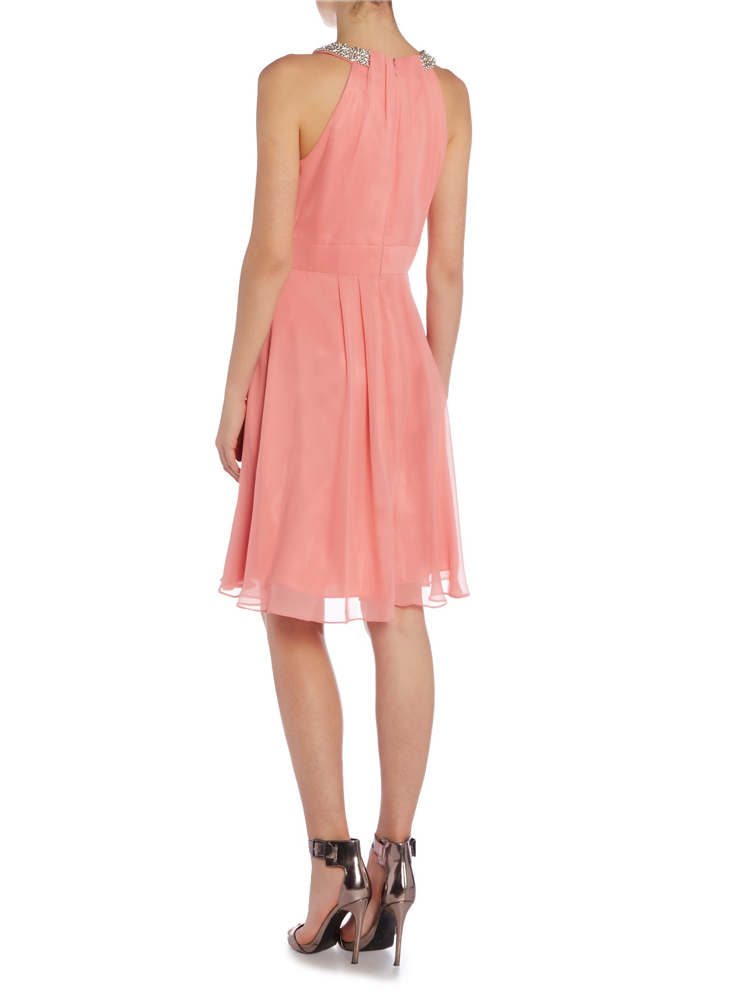 Eliza J Beaded Halter Neck Chiffon Dress in Coral (Pink) - Lyst