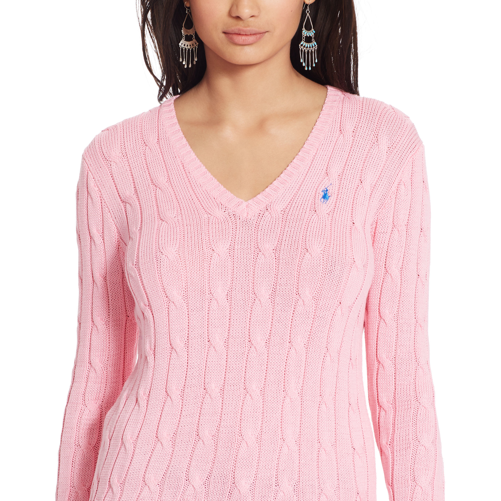 Polo Ralph Lauren Cable-knit V-neck Sweater in Pink Flamingo (Pink) - Lyst