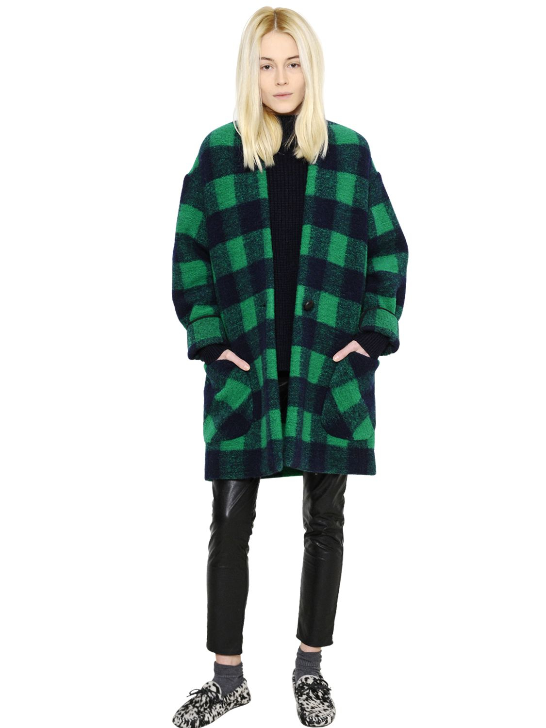 Étoile Isabel Marant Checked Boiled Wool Blend Coat in Green/Blue (Green) -  Lyst