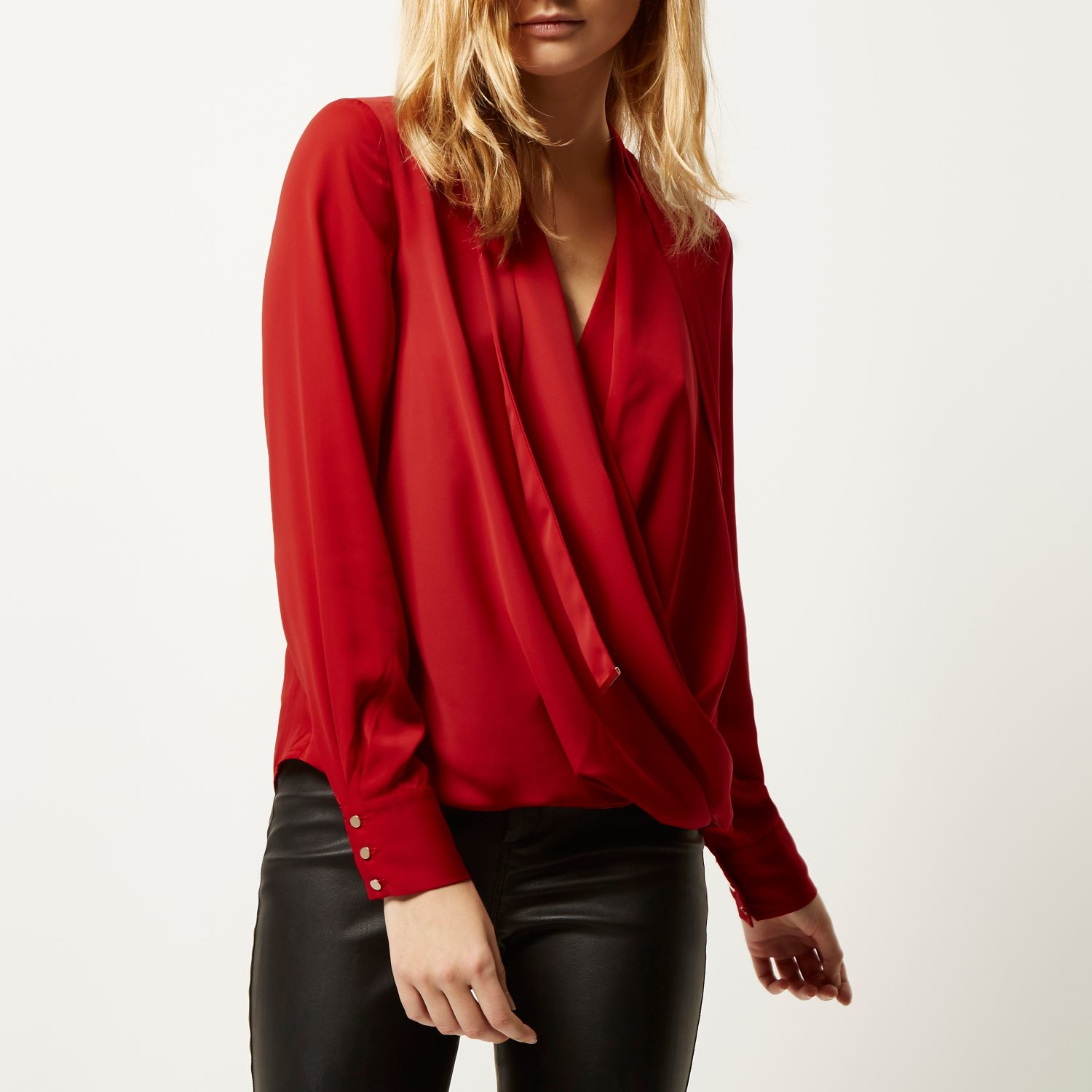 River Island Red Long Sleeve Pussybow Wrap Blouse Lyst