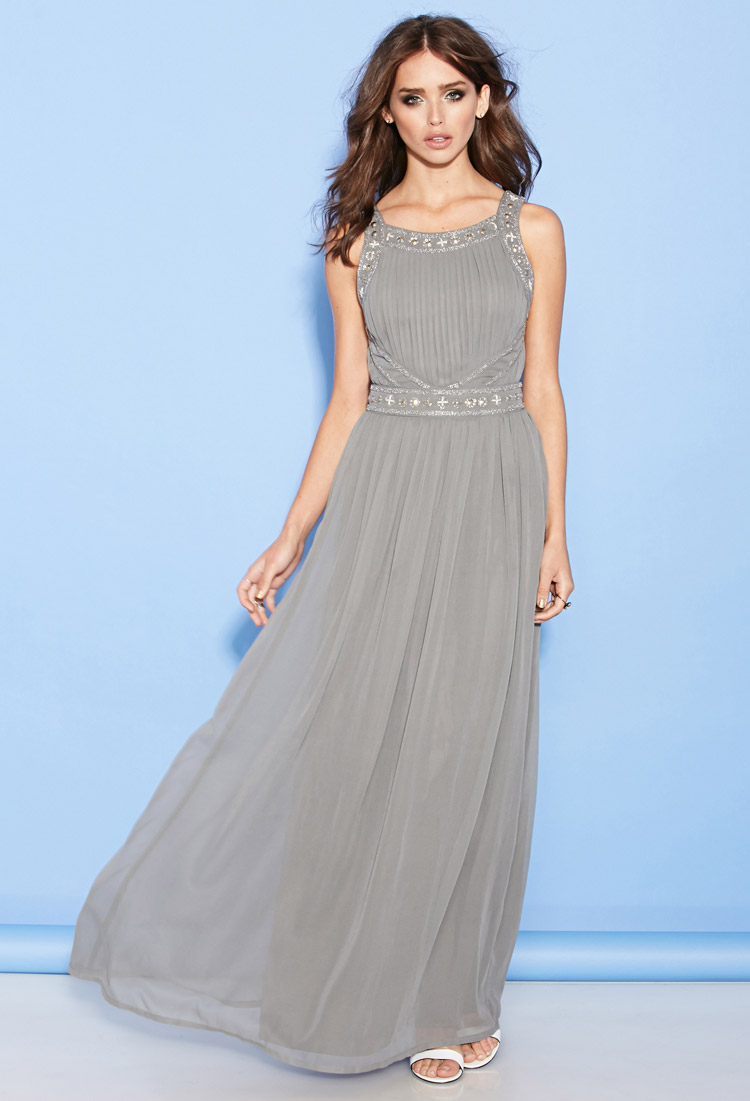 Forever 21 Beaded Chiffon Maxi Dress in Gray (GREYSILVER) Forever 21 Beaded Chiffon Maxi Dress in Gray (GREYSILVER)
