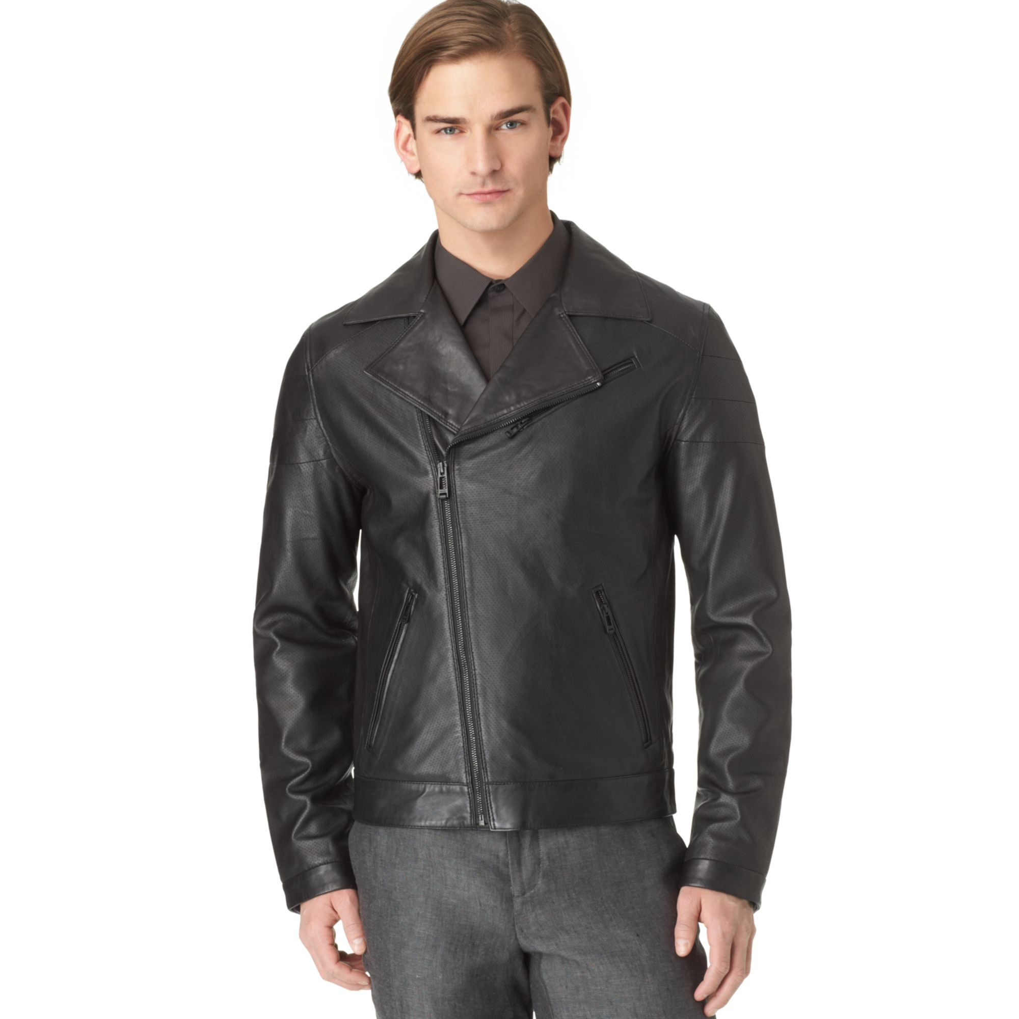 Calvin klein Perforated Slimfit Leather Jacket in Black for Men | Lyst