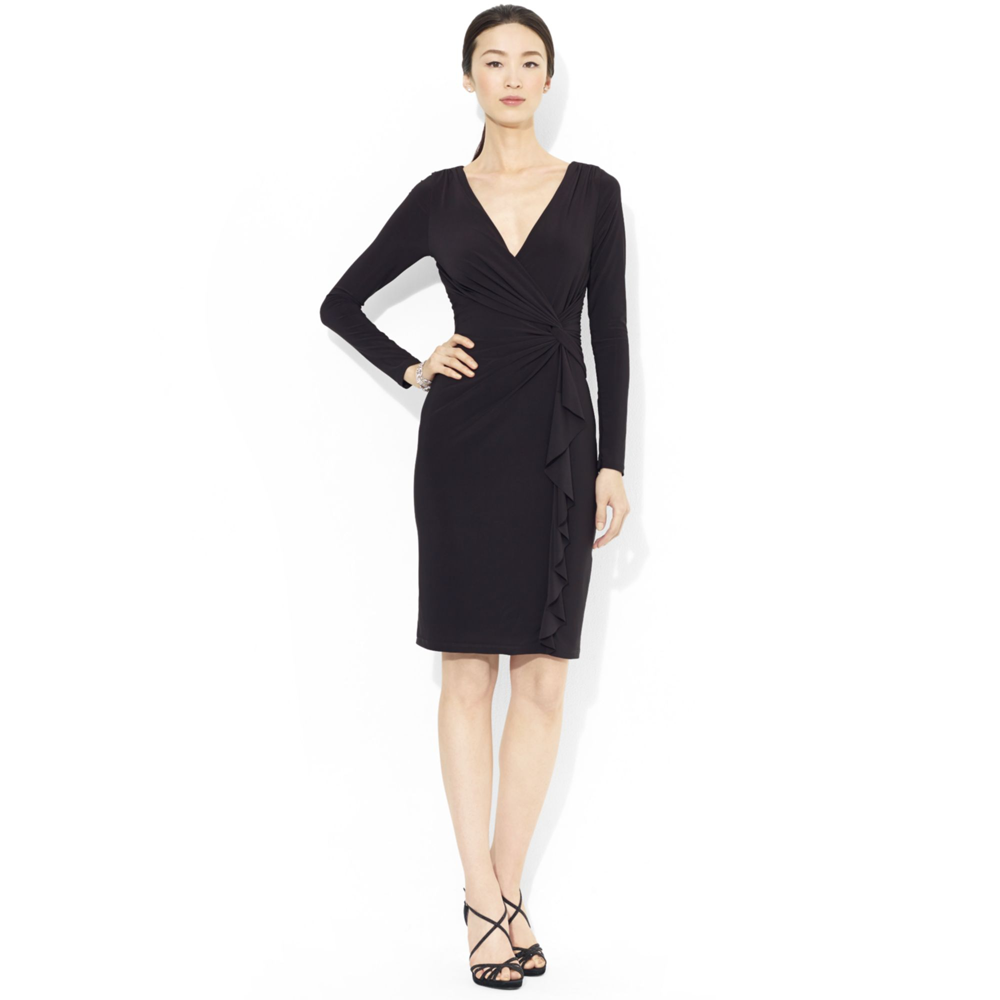 Lauren by Ralph Lauren Long-Sleeve Ruffled Jersey Dress in Black | Lyst