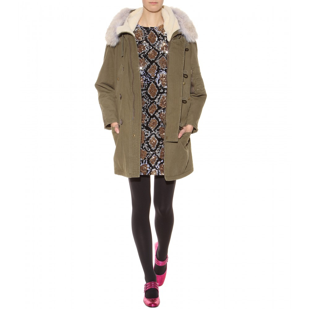 Saint Laurent Cotton Parka With FurTrimmed Hood in Khaki (Natural) Lyst