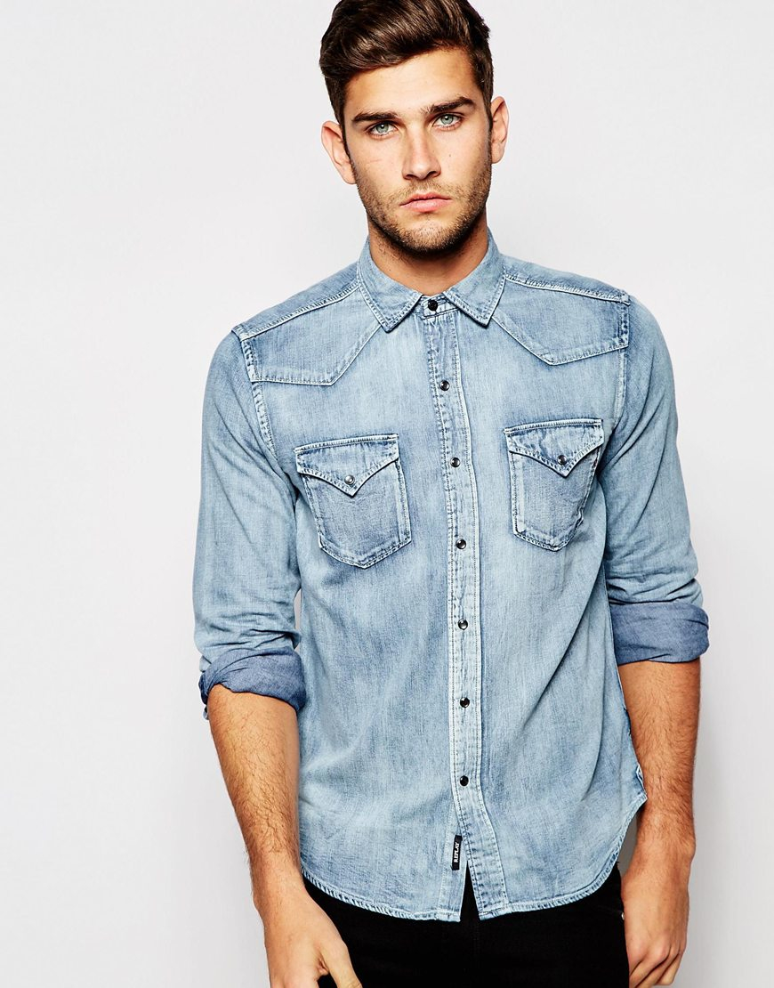 Replay Denim Shirt Bleach Wash Western in Blue for Men - Lyst