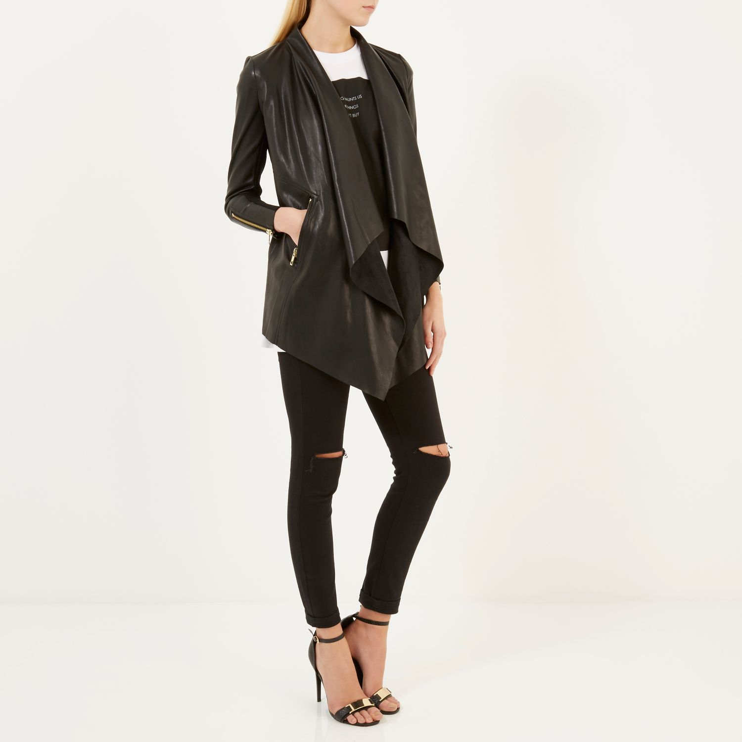 Black Leather Look Waterfall Jacket Best