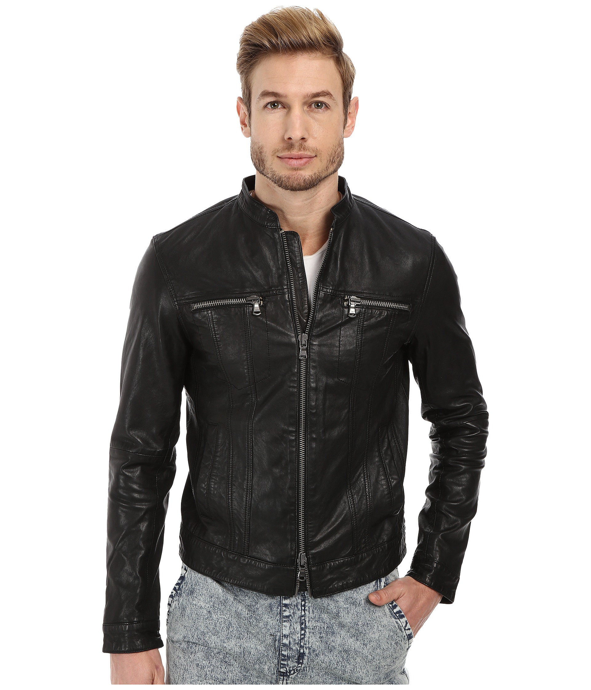 John Varvatos Leather Jean Style Jacket With Band Collar And Oversized ...