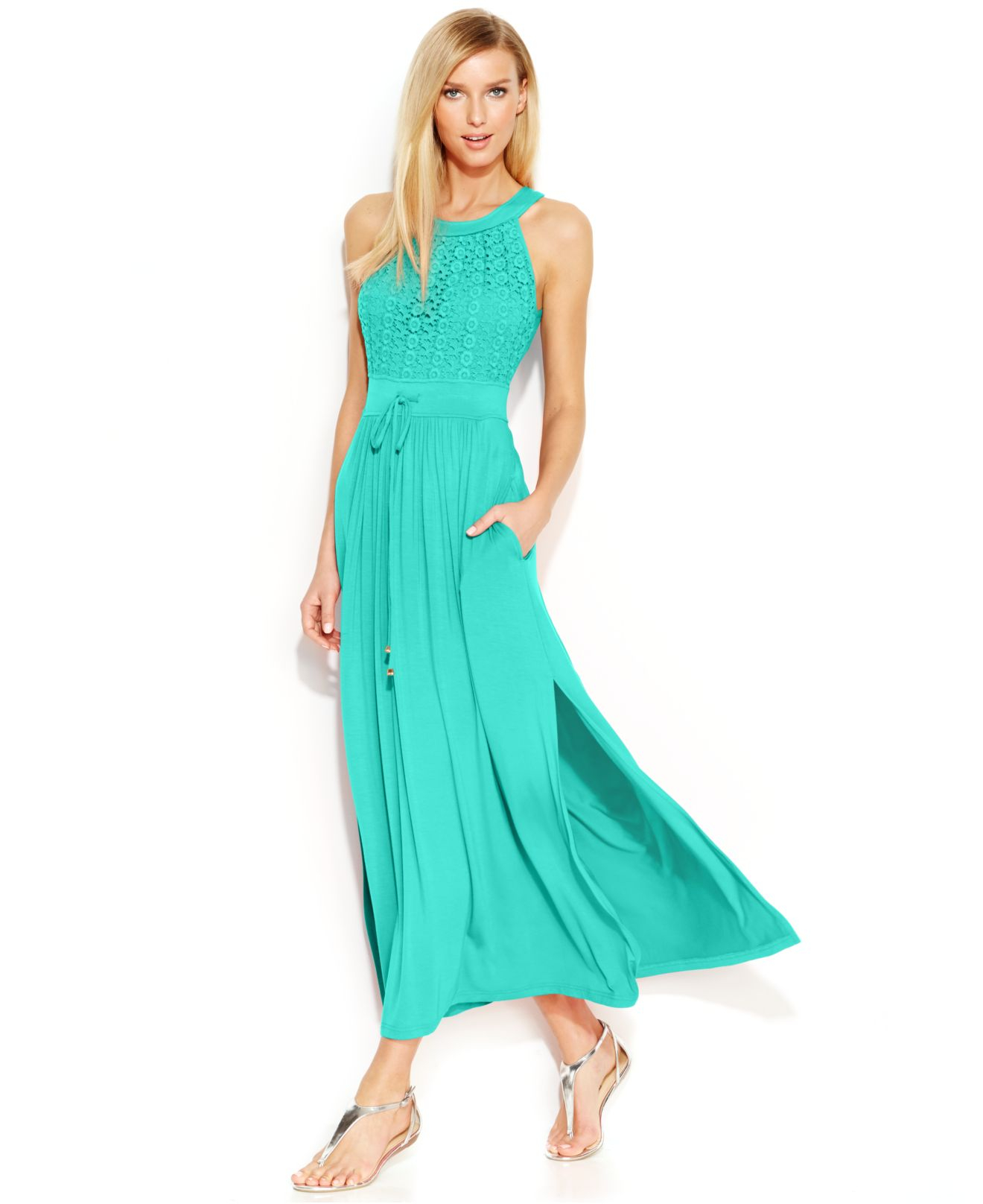 Calvin Klein Floral-Lace Side-Slit Maxi Dress in Blue | Lyst