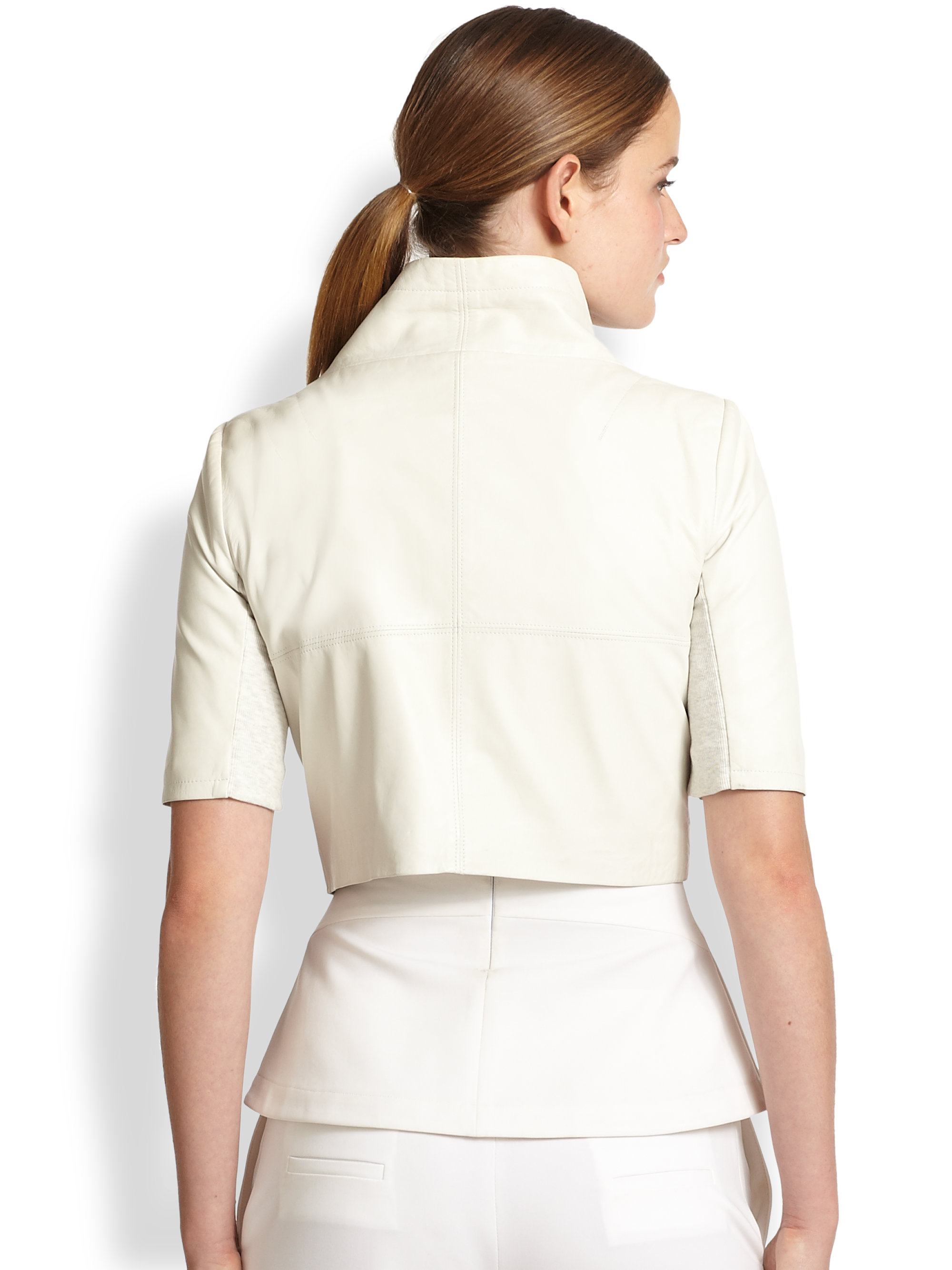 Yigal azrouël Cropped Leather Moto Jacket in White Lyst