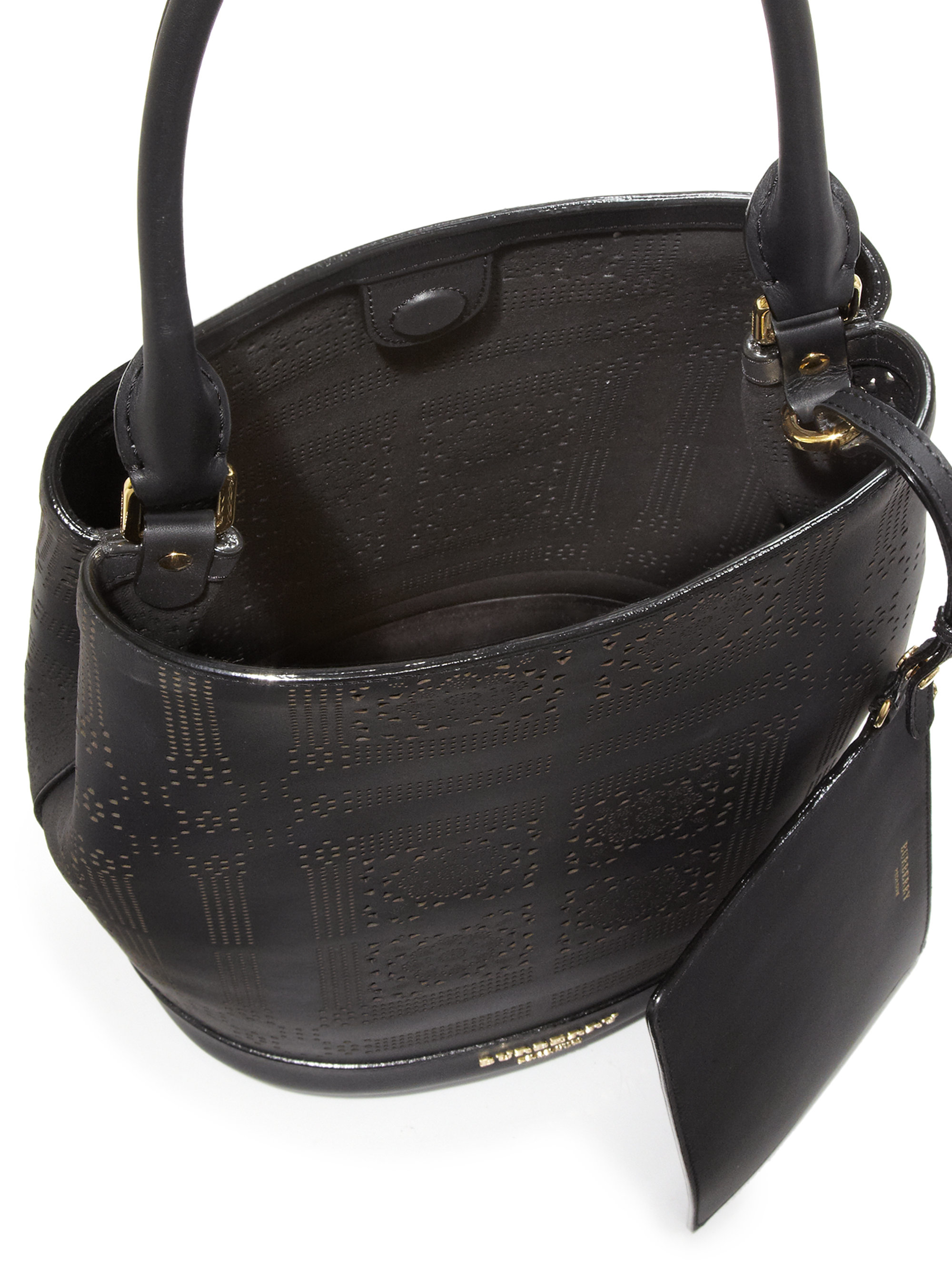 Burberry Laser-cut Leather Bucket Bag in Black | Lyst