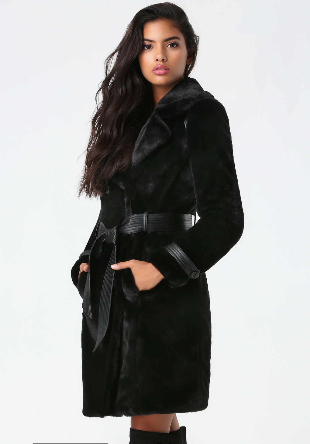 Bebe Faux Fur Trench Coat in Black - Lyst