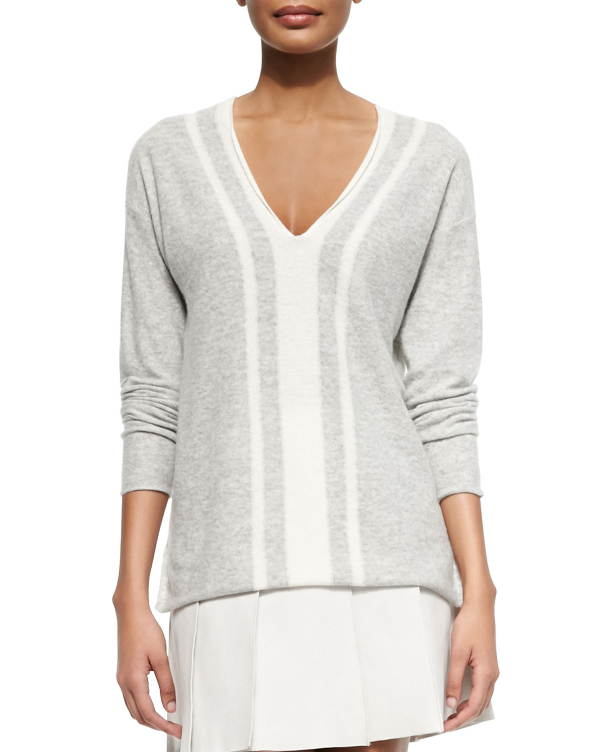 lyst vince two tone v neck sweater in gray lyst vince two tone v neck sweater in gray