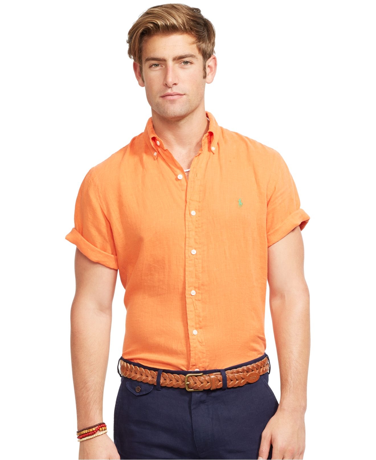 Polo Ralph Lauren Short-sleeved Linen Shirt in Orange for Men | Lyst