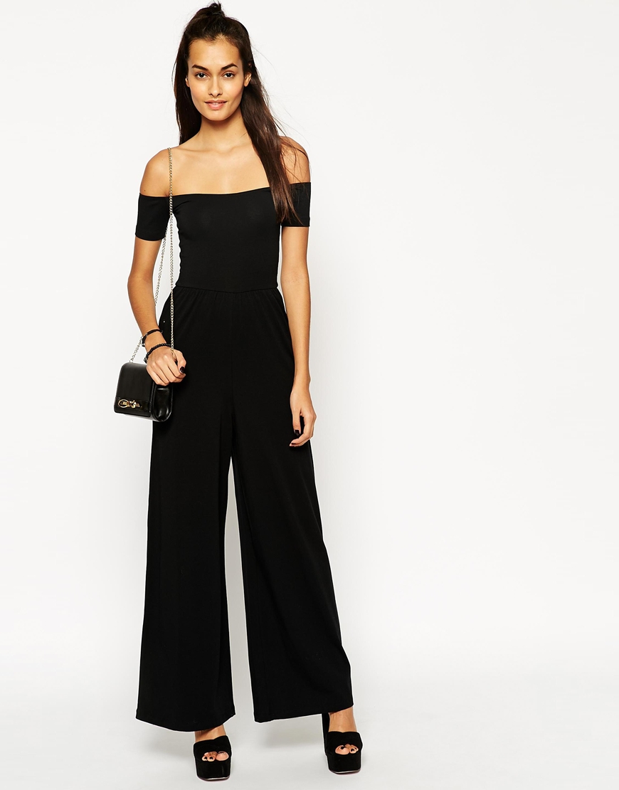 black bardot jumpsuit wide leg