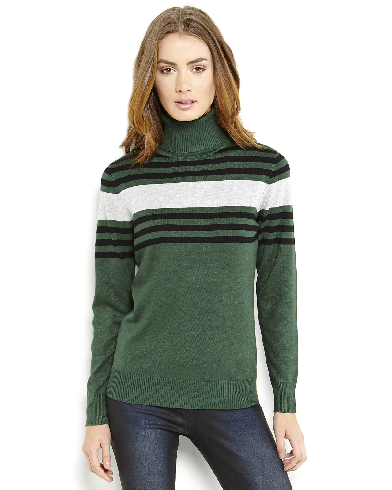 Lyst Joseph A Contrast Stripe Knit Turtleneck Sweater in Green