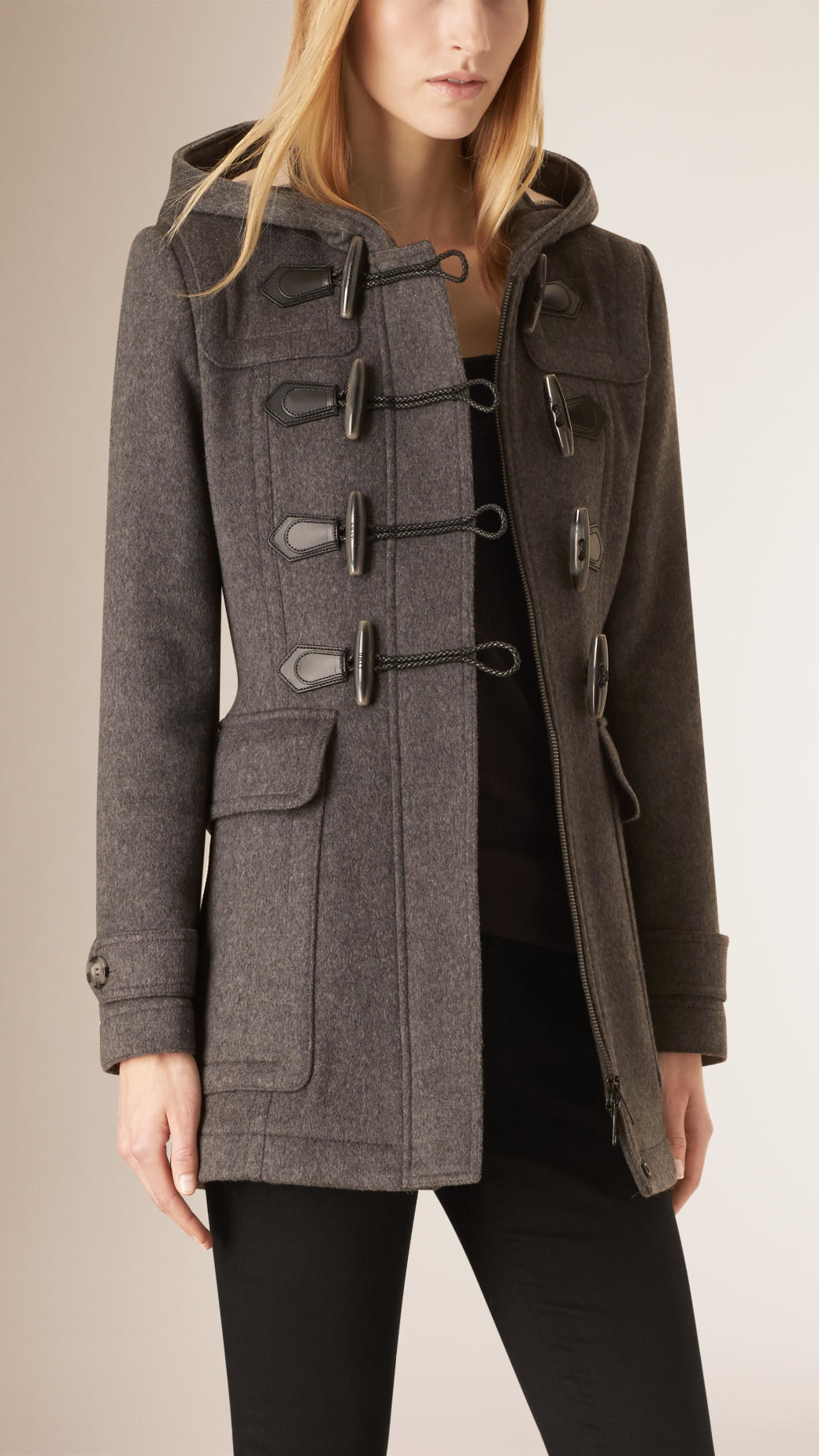 Fitted Wool Duffle Coat in Grey Melange 