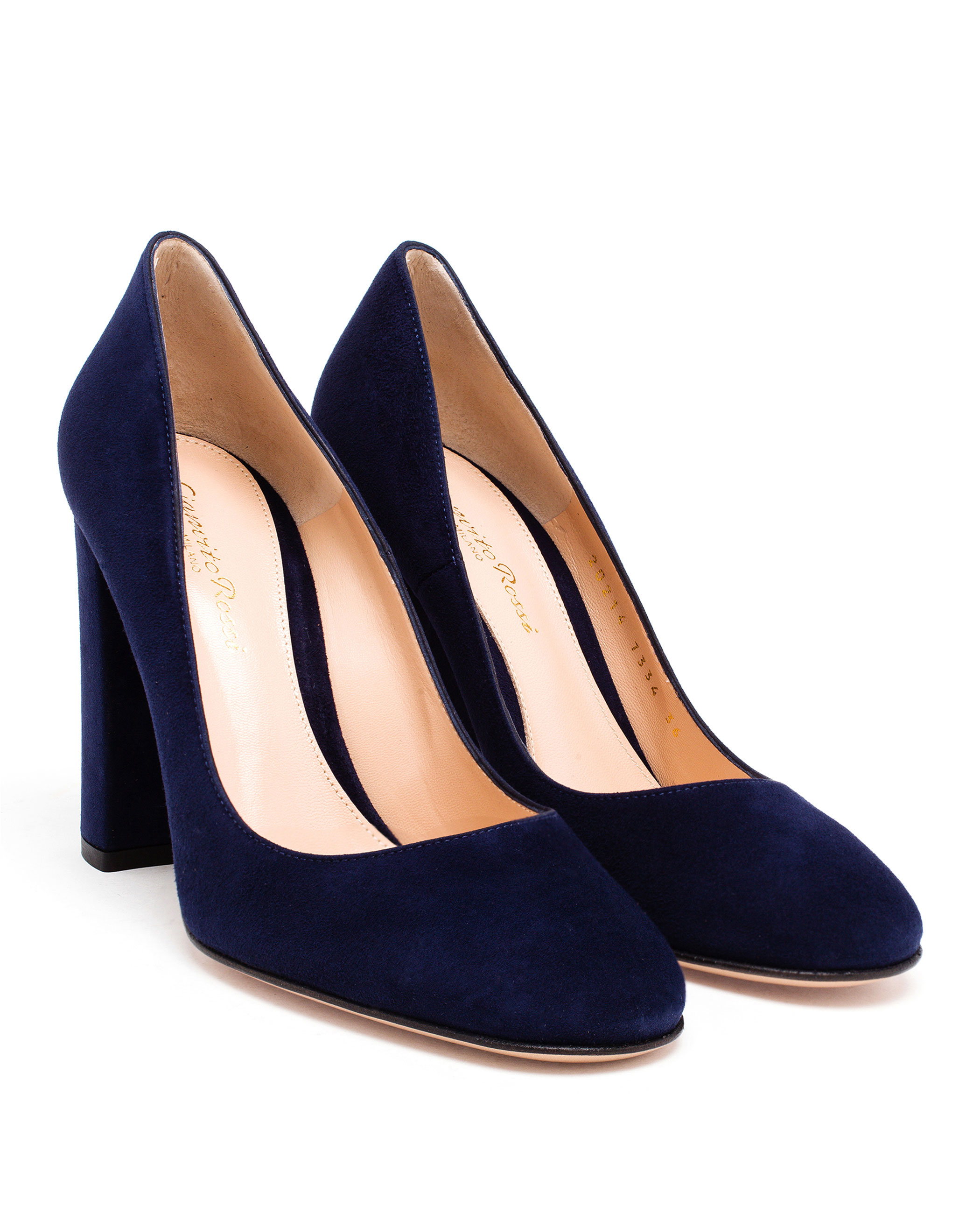 blue suede block heel pumps