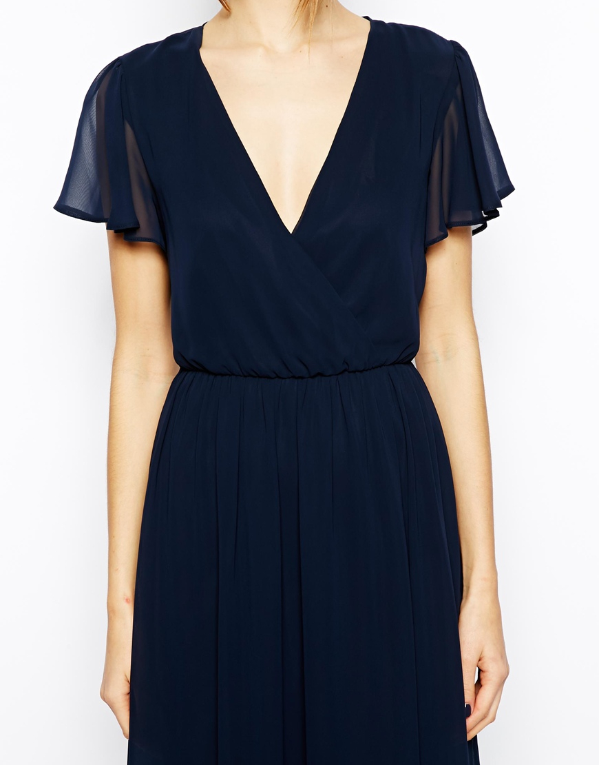 navy blue flutter sleeve dress