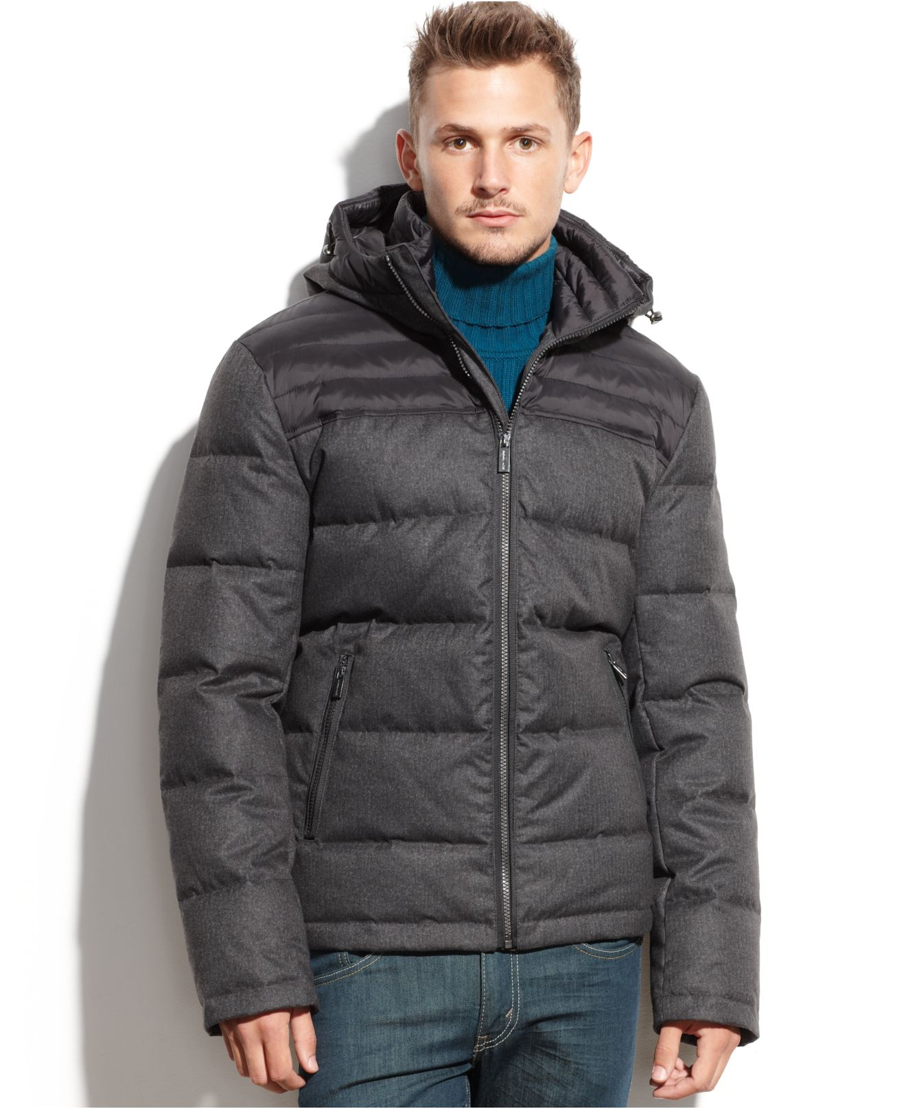 Michael kors Michael Superior Hooded Mixed-Media Down Jacket in Gray ...
